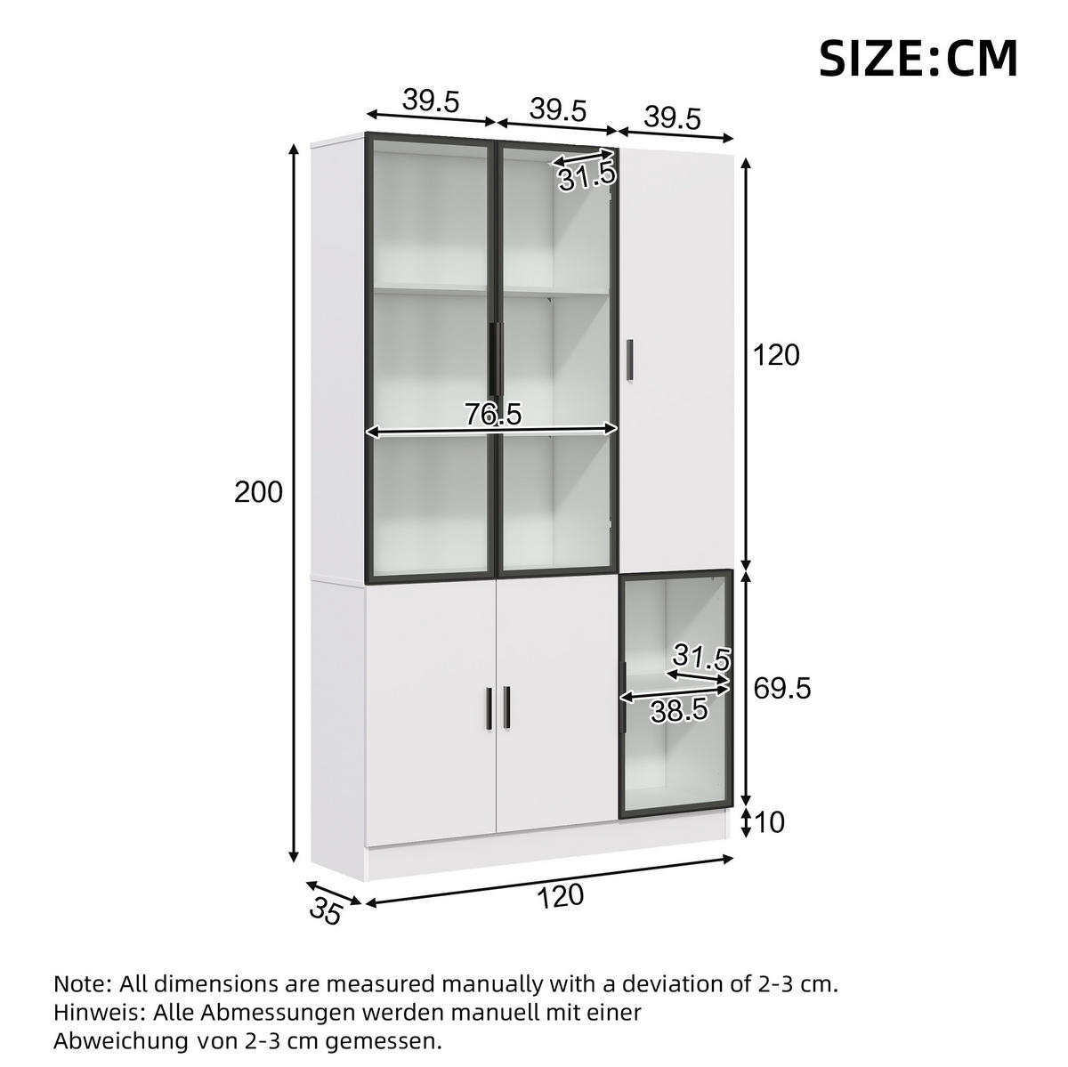 VITRINE 120/35/200 cm aus Holzwerkstoff mit Glas und LED-Beleuchtung Weiß - Weiß, Holzwerkstoff (120/200/35cm) - Modenvie