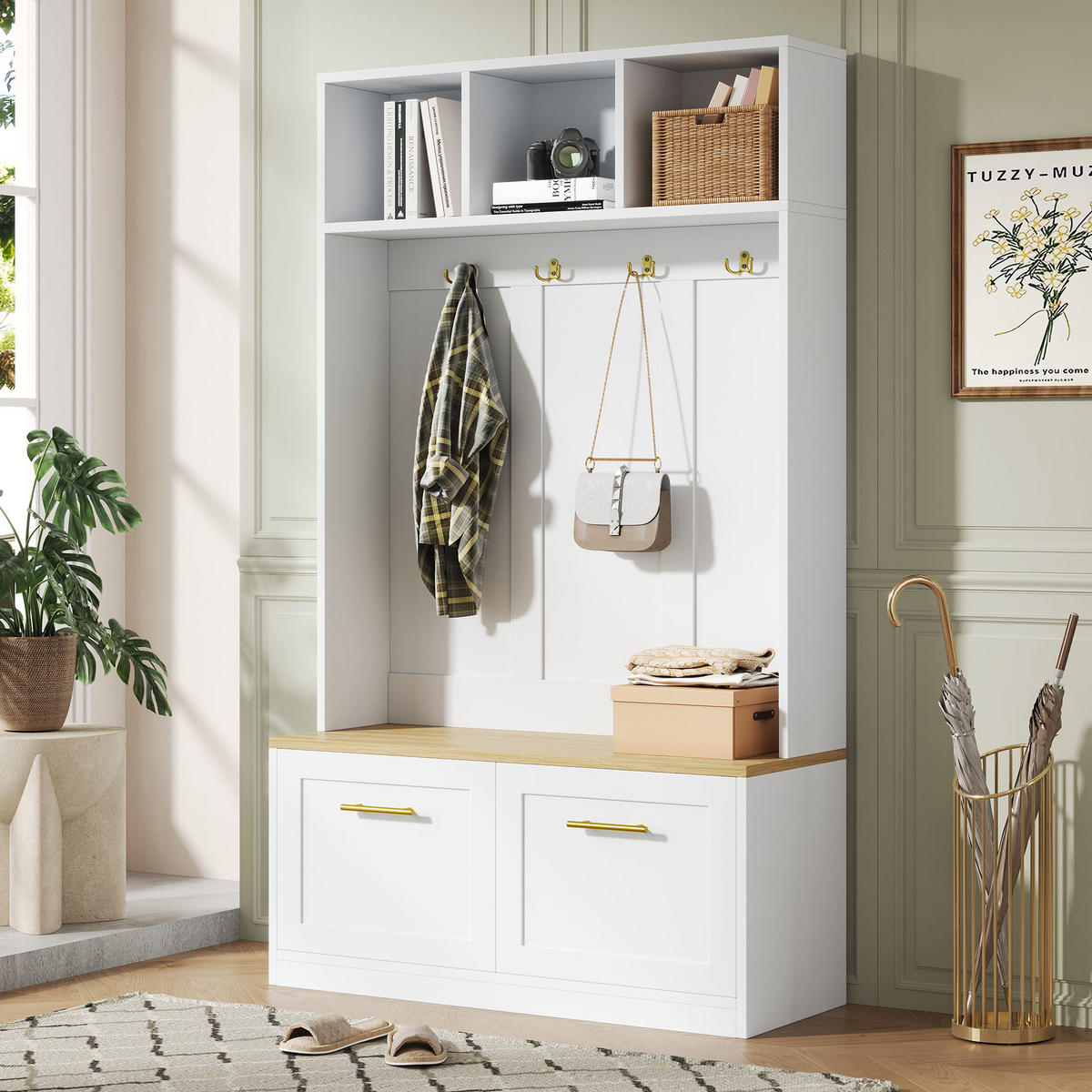 GARDEROBENSET Kompakt mit Sitzbank Natur Weiß 105x40x180cm 4 Haken - Multicolor, Holzwerkstoff (40/180/105cm) - FLIEKS