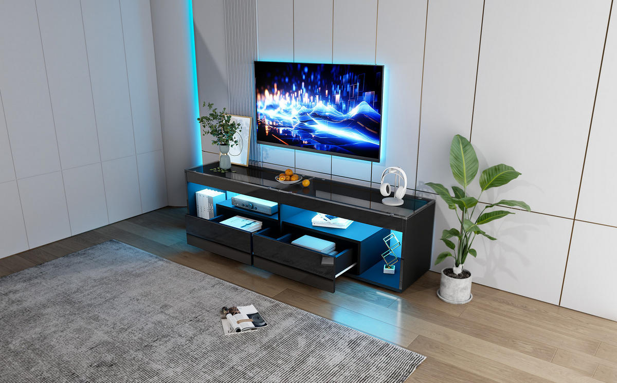 TV-SCHRANK in Hochglanz Schwarz mit LED und 2 Schubladen 180/40/46 cm - Schwarz, Holzwerkstoff (180/46/40cm) - Redom
