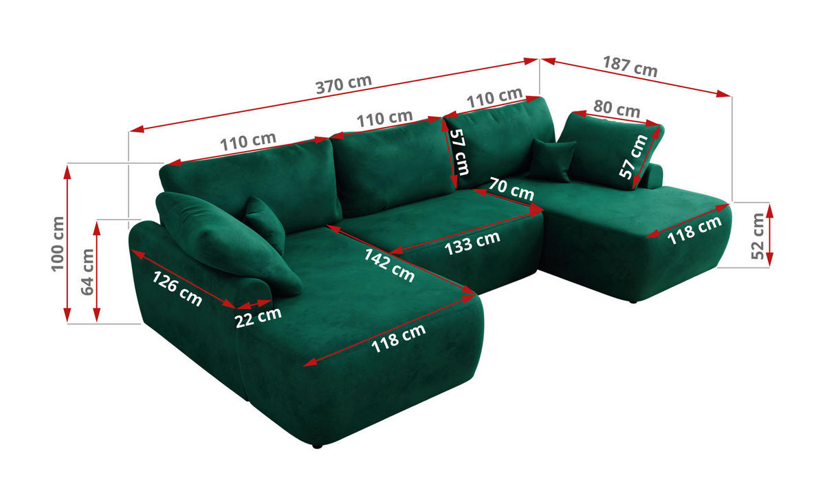 WOHNLANDSCHAFT CUBO U Dunkelgrün Velvet - Dunkelgrün/Schwarz, Kunststoff/Textil (370/100/187cm) - MKS