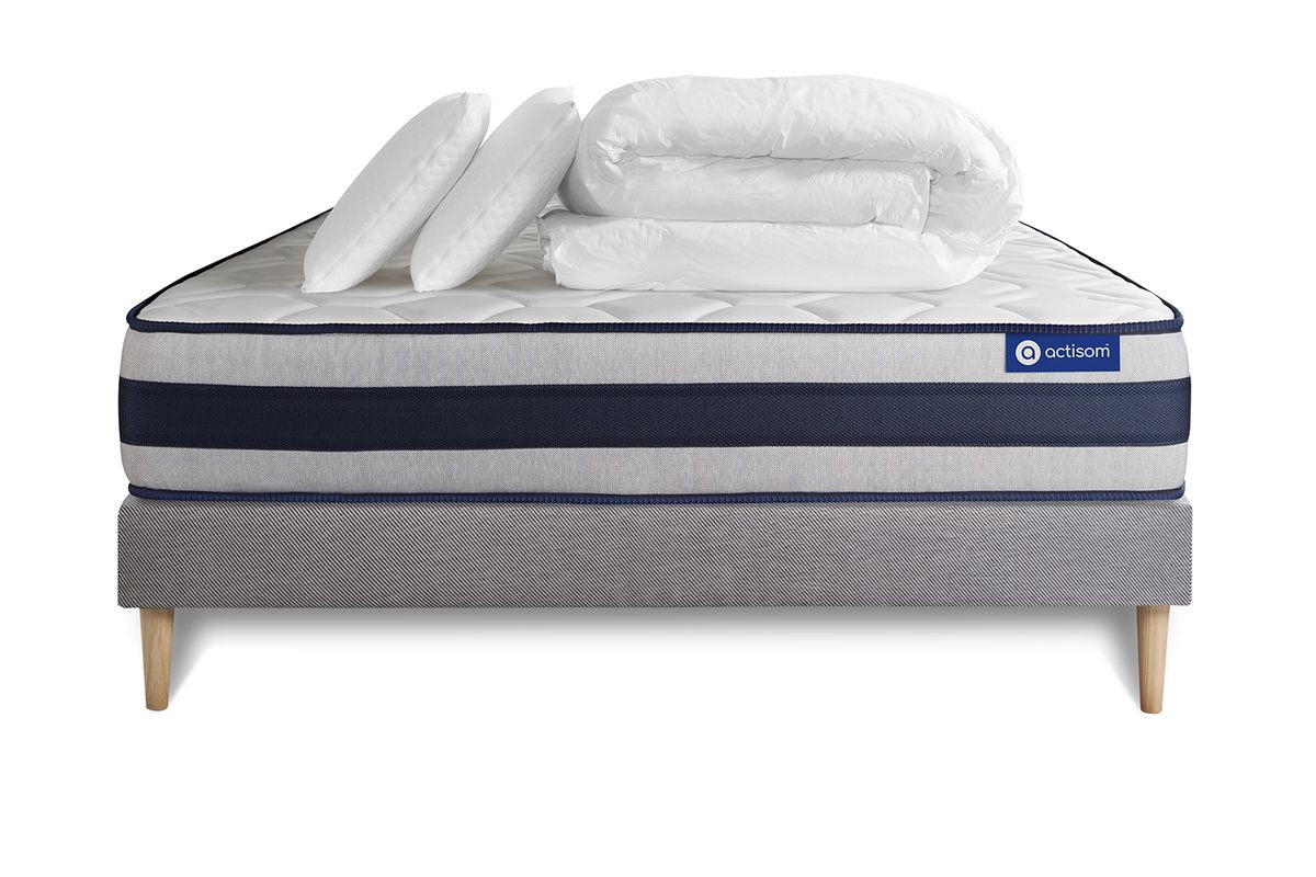 BETT Actilatex ergo Latex und Memory-Schaum 200 x 200 cm h3 - Kit Bettgestell Grau - Mit Kissen und Bettdecke - Beige/Grau, Karton/Holz (200/200cm) - ACTISOM
