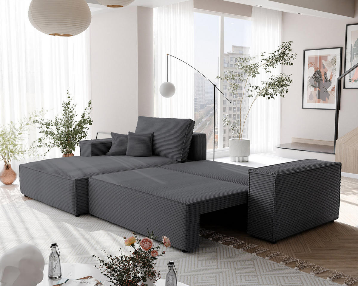 ECKSOFA NOVA mit Schlaffunktion und Bettkasten Dunkelgrau - Dunkelgrau, Holzwerkstoff/Kunststoff (250/90cm) - Idohome