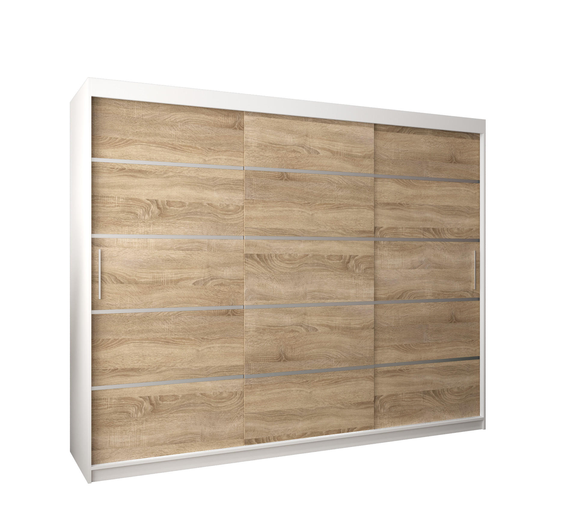 Abiks Möbel Schwebetürenschrank Weiß, Sonoma Eiche, Silber 250x200x62 cm