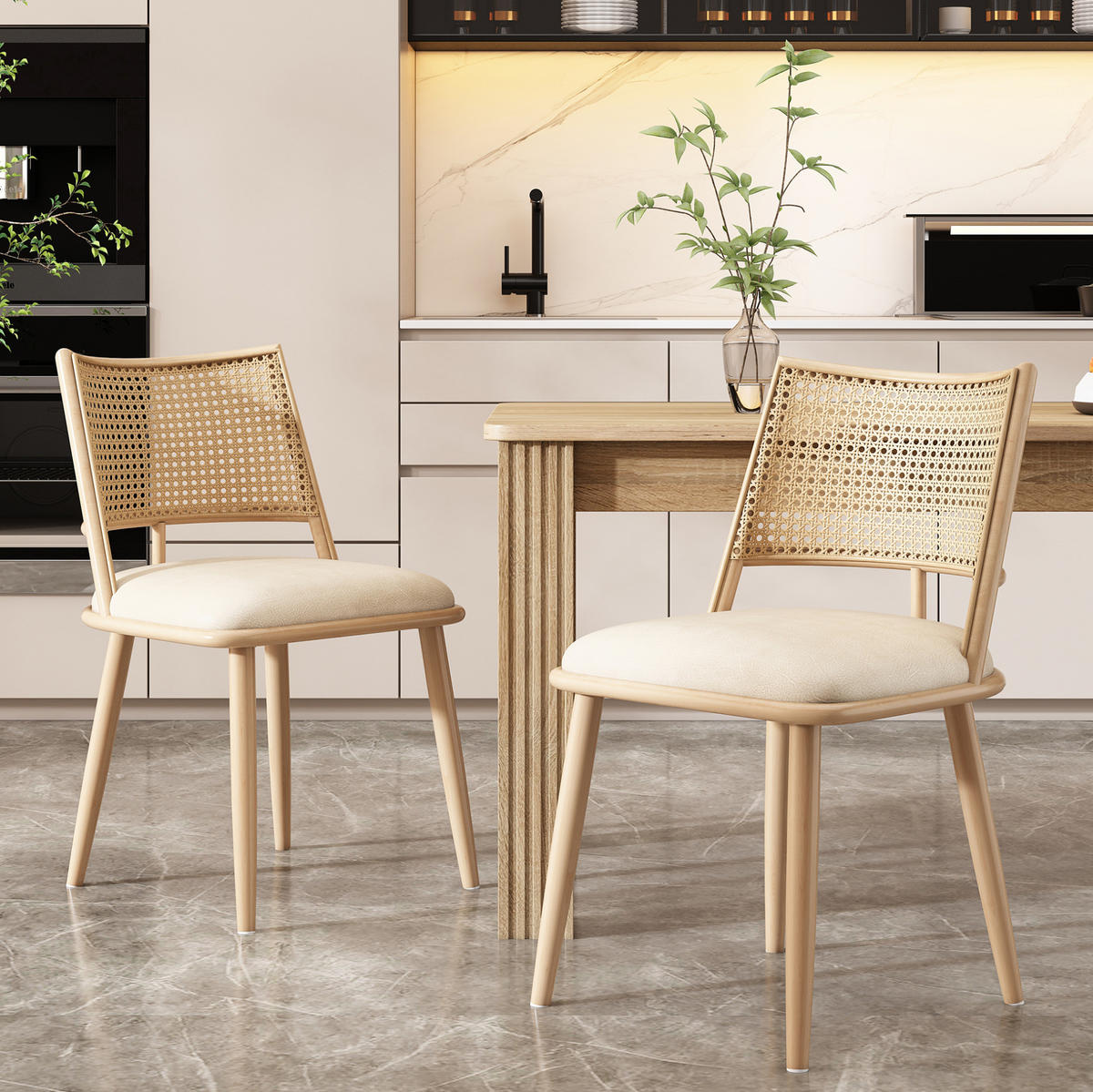ESSZIMMERSTUHL 6er-Set mit PU-Sitz und Rattan-Rückenlehne Beige - Beige, Holz (46/80/48.1cm) - Meubliv