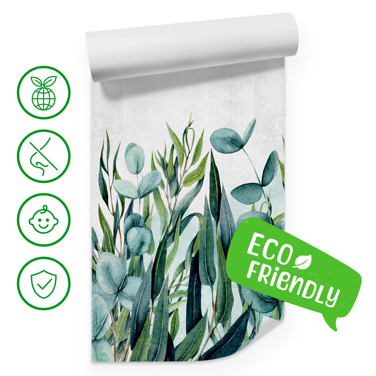 FOTOTAPETE für Wohnzimmer Blätter Beton Aquarell 400x280 - Grau/Grün, Papier (400/280cm) - Muralo