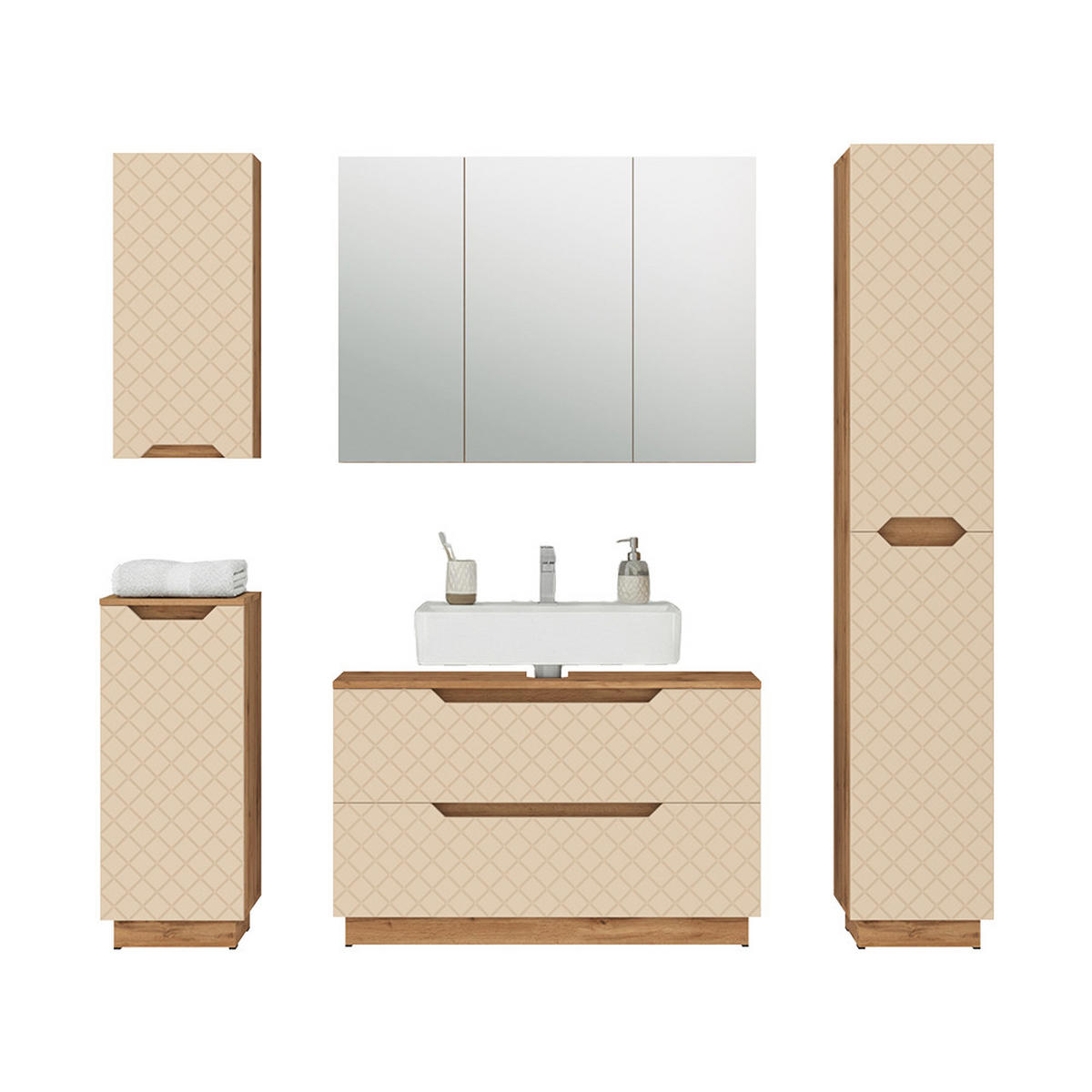 BADMÖBEL-SET Lotta Eiche/Kaschmir mit Kachelstruktur 5 Teile - Kaschmir/Eichefarben, Holzwerkstoff (99.4/62.5/32cm) - Vicco