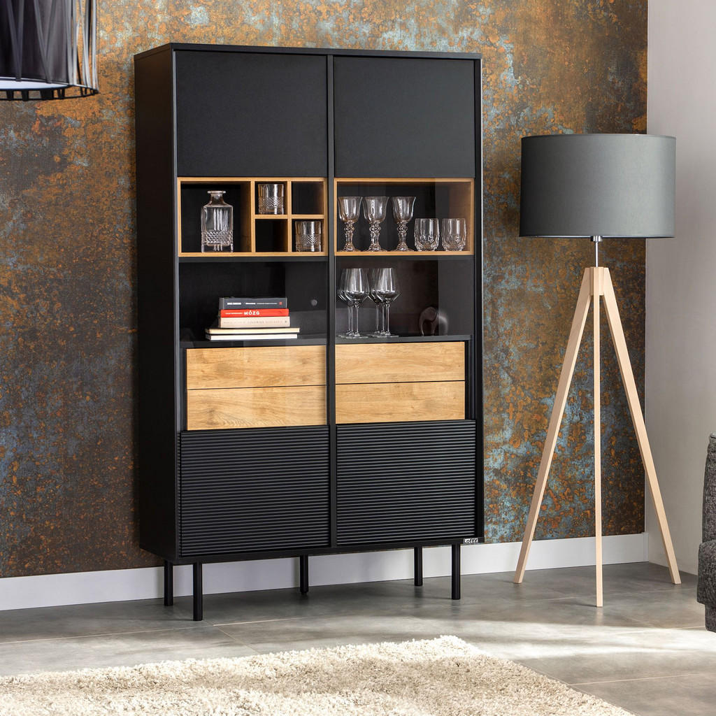 Thumbnail - Konsimo® Vitrinenschränk, Schwarz, Eiche, Mehrfarbig, Holzwerkstoff, Rechteckig, 102x174x41 cm, Wohnzimmer, Wohnwände, V...
