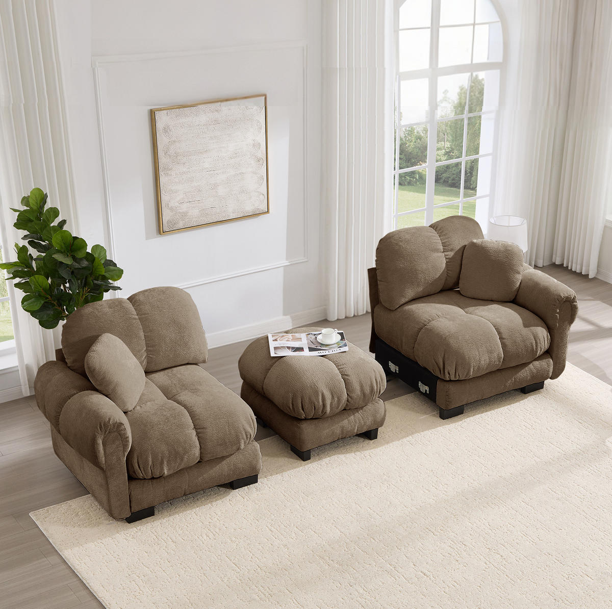 SOFA 190/149/90 cm in Braun aus Chenille mit Steppnaht und Ottomane - Braun, Textil (149/90/190cm) - Flora Grace