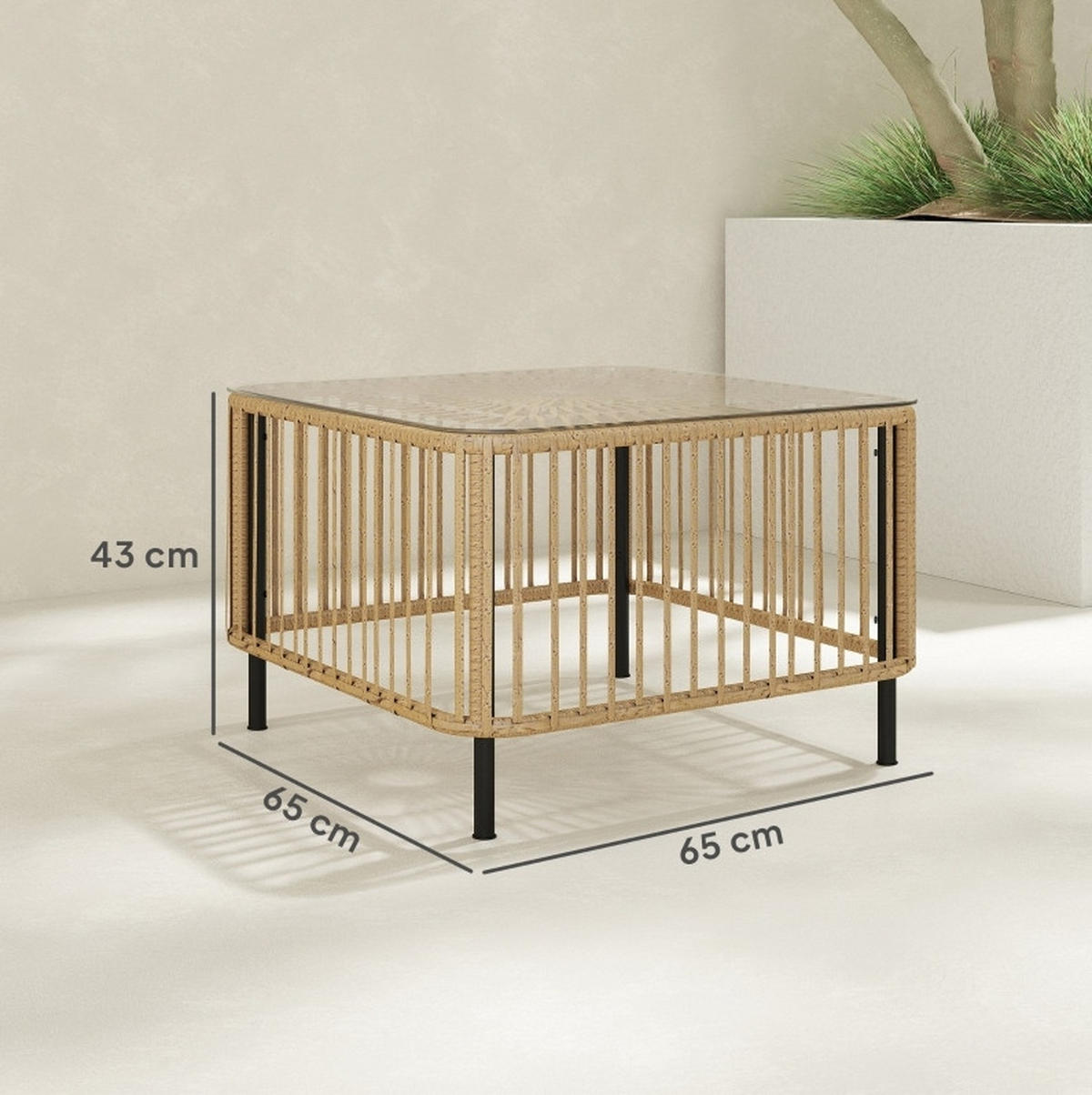 ZAHRADNÍ stůl 65/65/43 cm přírodní dřevo z ratanu s deskou z tvrzeného skla - přírodní, sklo (65/65/43cm) - OKWISH