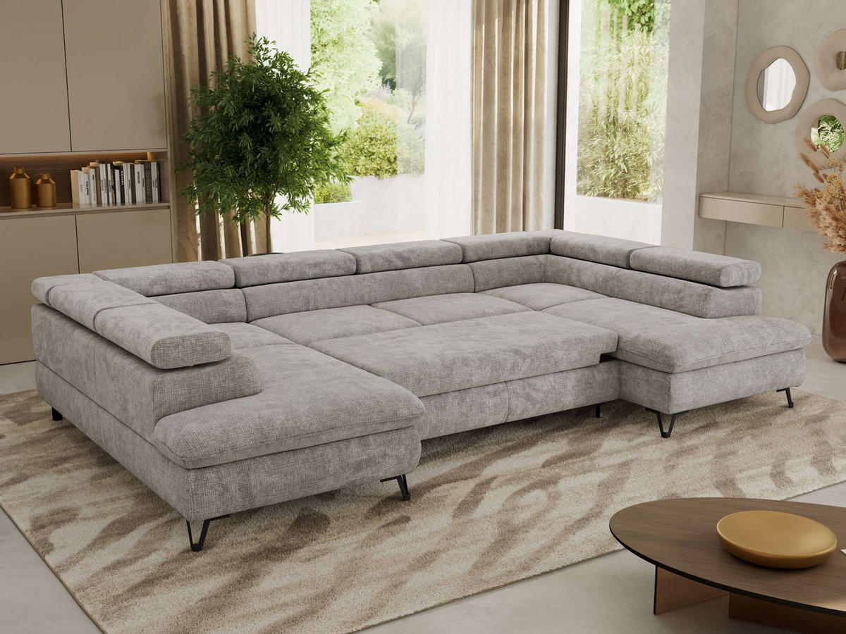 WOHNLANDSCHAFT PABLO U Schenille grob gewebt Hellgrau - Hellgrau/Schwarz, Textil/Metall (346/76/208cm) - MKS