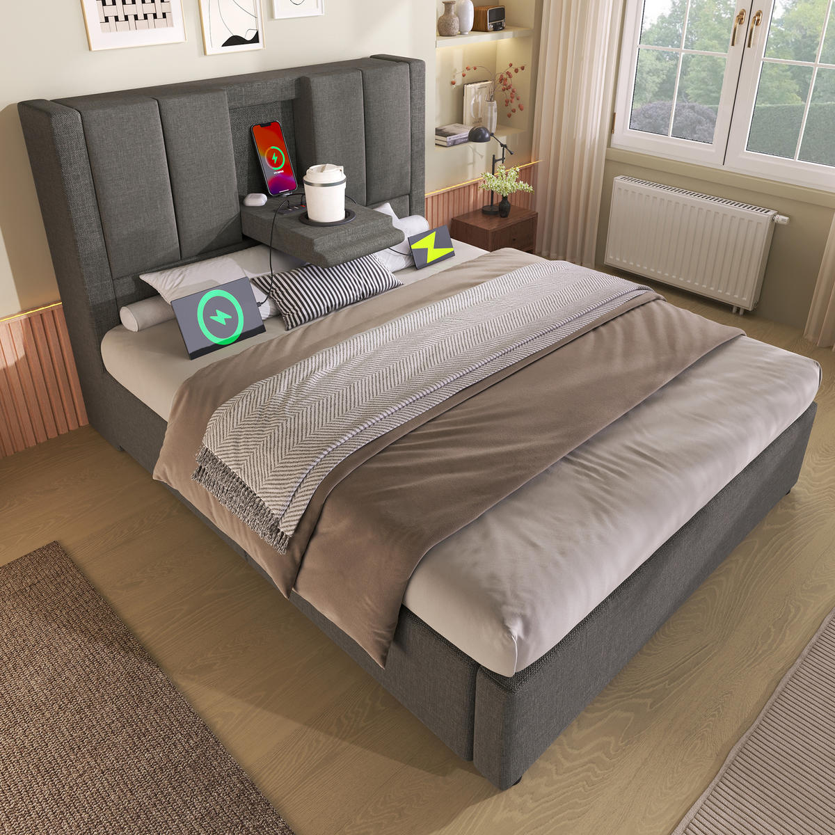 STAURAUMBETT 90/200 cm DE-00536, in Beige, verstecktem Becherhalter und hydraulischem Stauraum - Grau, Metall (90/200cm) - ComfortXL