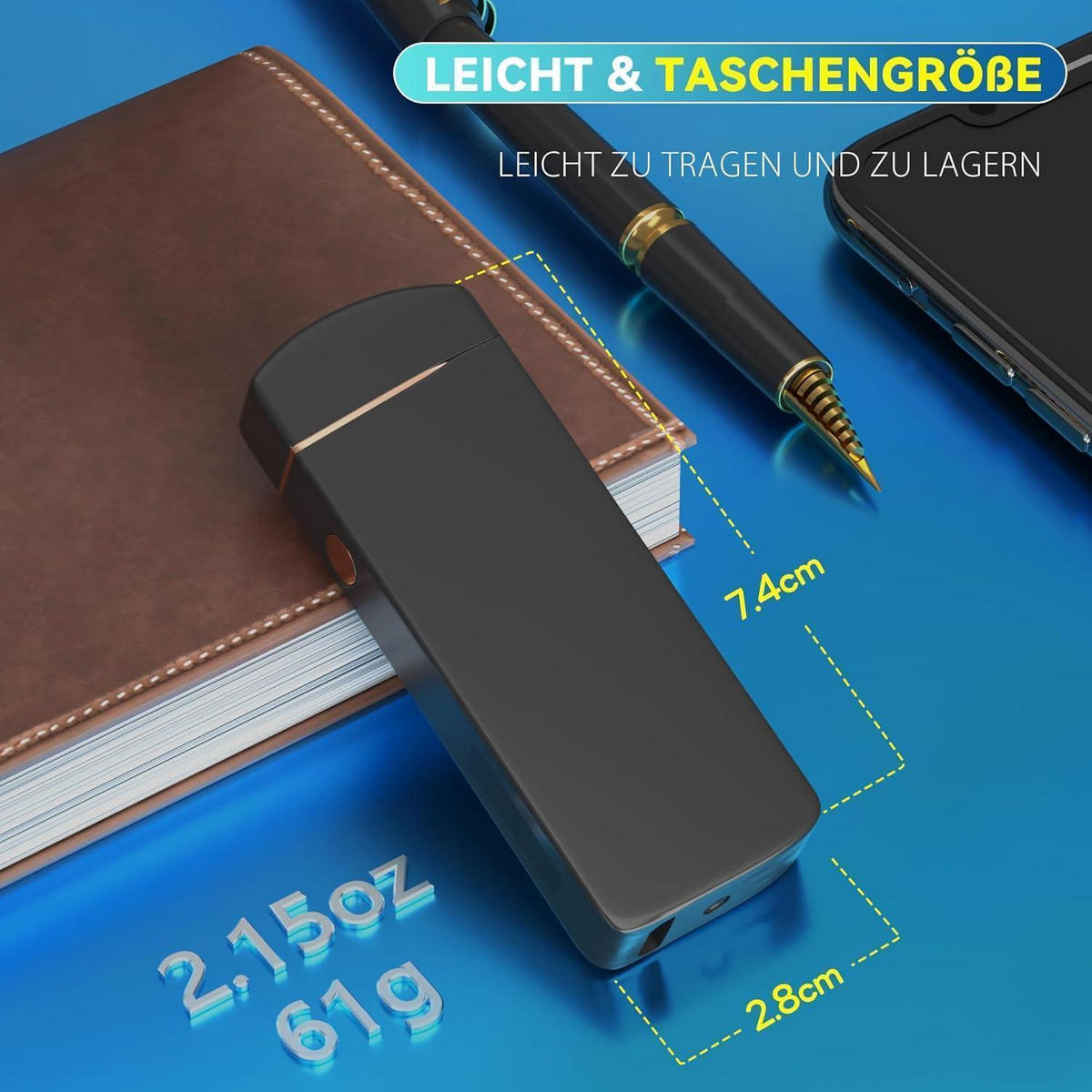 FEUERZEUG Elektrisch USB Aufladbar Winddicht Schwarz - Schwarz, Metall (2.8/1/7.4cm)