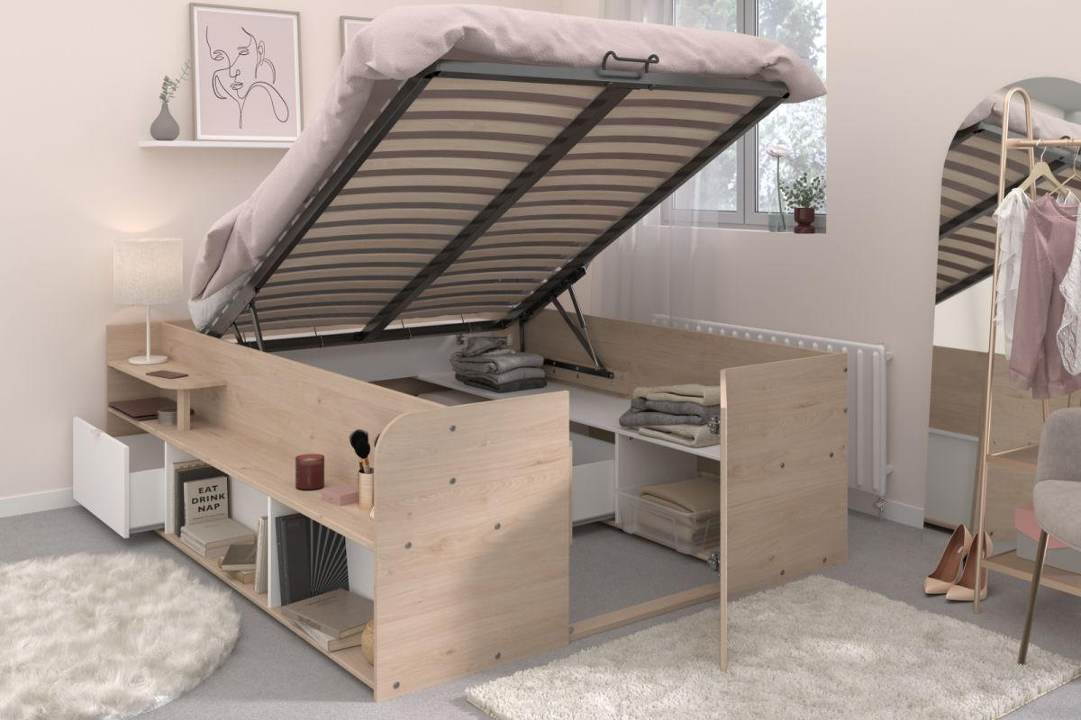 STAURAUMBETT Eiche Jackson, weiß, Hochbett Liegefläche 140 x 200 cm - Eichefarben/Weiß, Holzwerkstoff (140/200cm) - Parisot Meuble