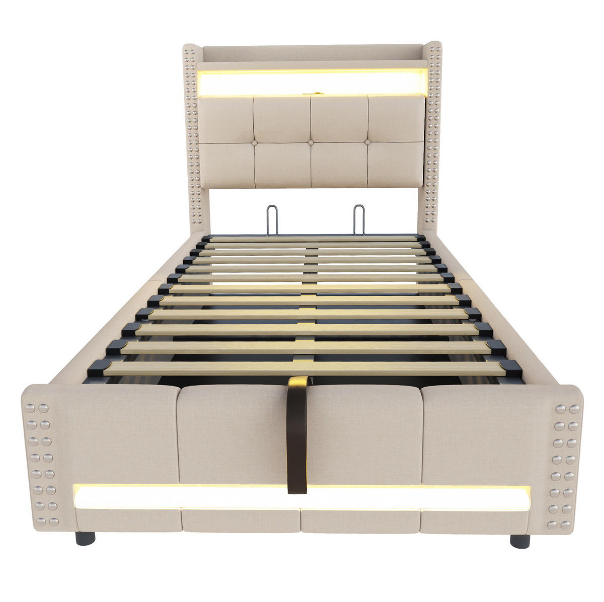 POLSTERBETT 90/200 cm Beige mit Stauraum, LED-Beleuchtung und USB-Anschluss - Beige, Textil (90/200cm) - Flora Grace