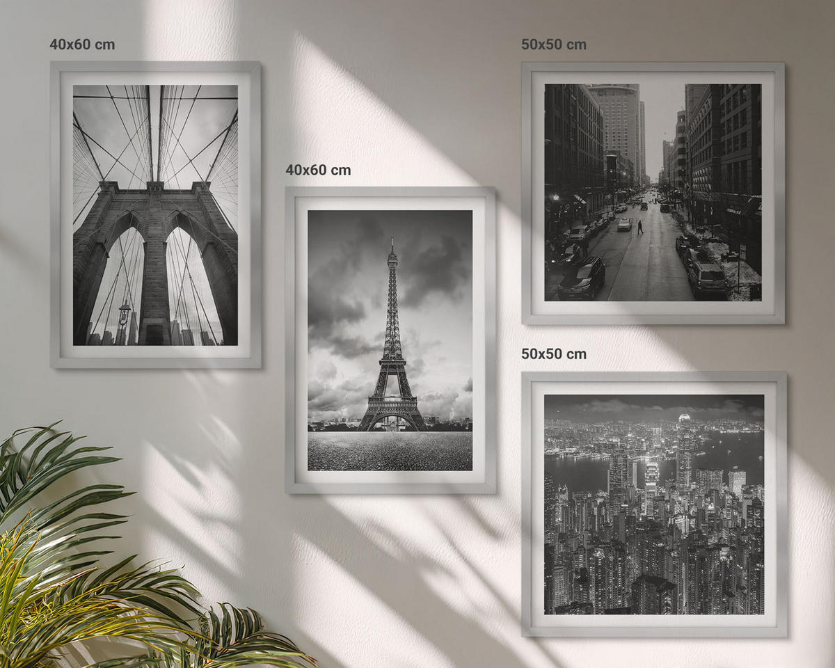 WANDBILDER 4er Set - 50x50 cm & 40x60 cm Silberner Rahmen - Monochromatische Brückentürme - Silberfarben, Kunststoff (50/50cm) - ArtPrintCave
