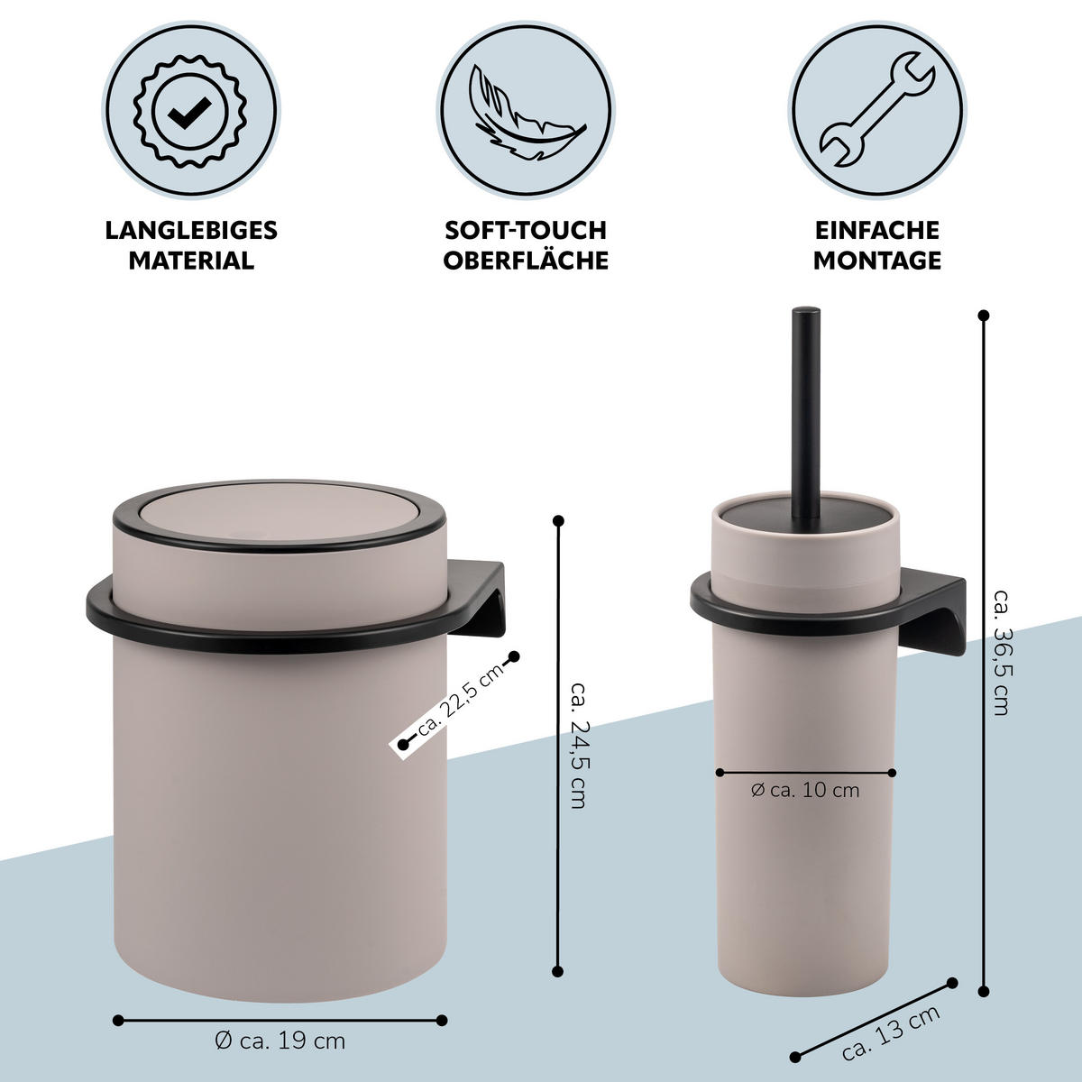 WC-GARNITUR 2-TLG. Bürste u. Eimer SAVONA Softtouch inkl. Wandhalterung, rund - taupe - Taupe, Kunststoff (19/24.5/19cm) - bremermann