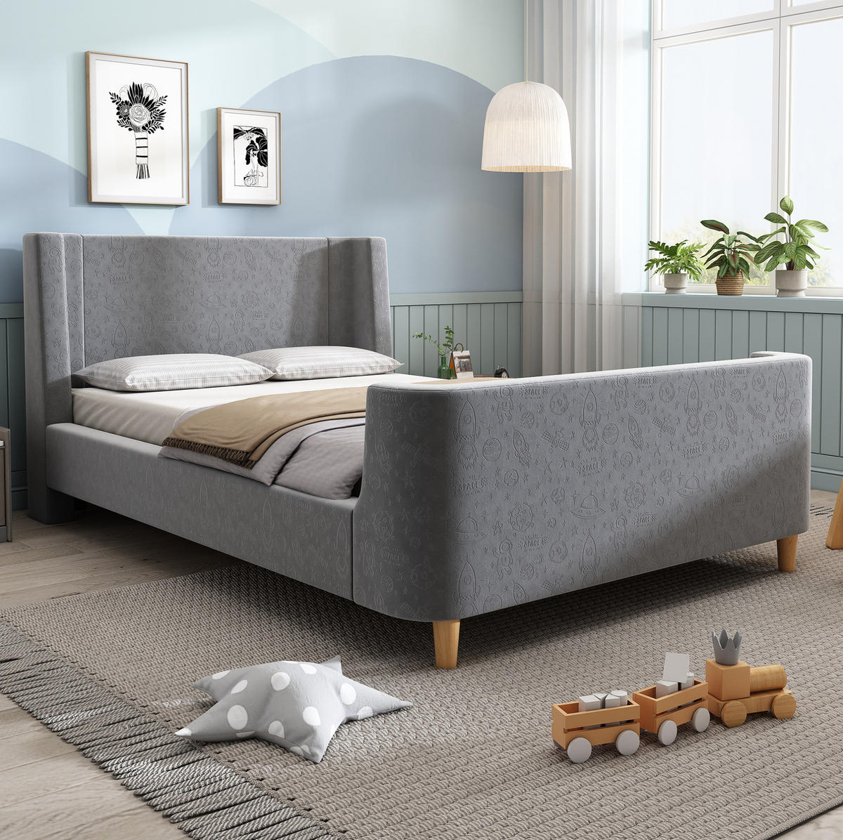 ČALÚNENÁ posteľ 90/200 cm so vzorom vesmíru, čalúnená zamatom, so stabilným lamelovým roštom, Sivá - sivá, textil (90/200cm) - Redom