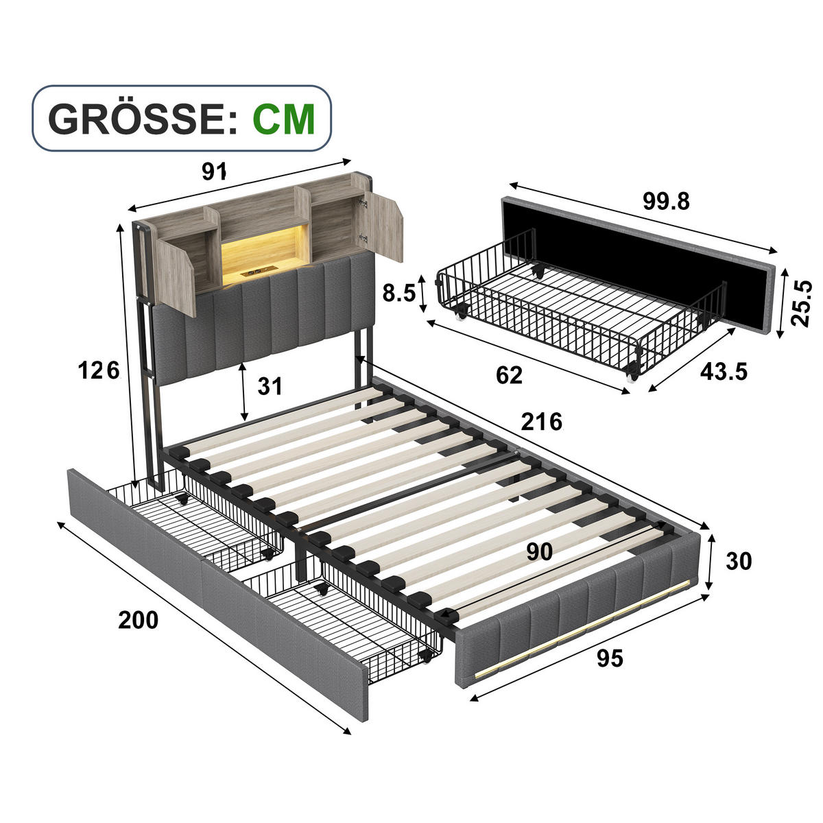 POLSTERBETT 90x200 cm mit LED und USB, Einzelbett mit Lattenrost und Kopfteil, 2 Schubladen, Bett 90x200, Leinenstoff, Grau - Grau, Holzwerkstoff/Textil (90/200cm) - GENKI LIVING