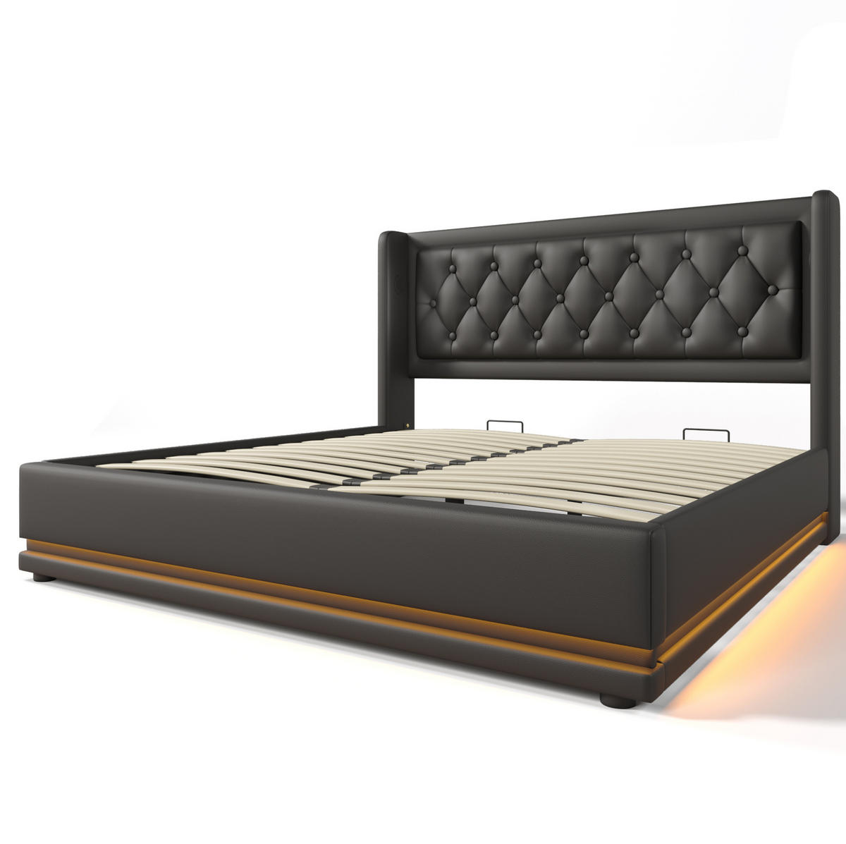 POLSTERBETT mit Bettkasten 140/200 cm in Schwarz PU mit LED und USB-C - Schwarz, Kunststoff (140/200cm) - BEAOK