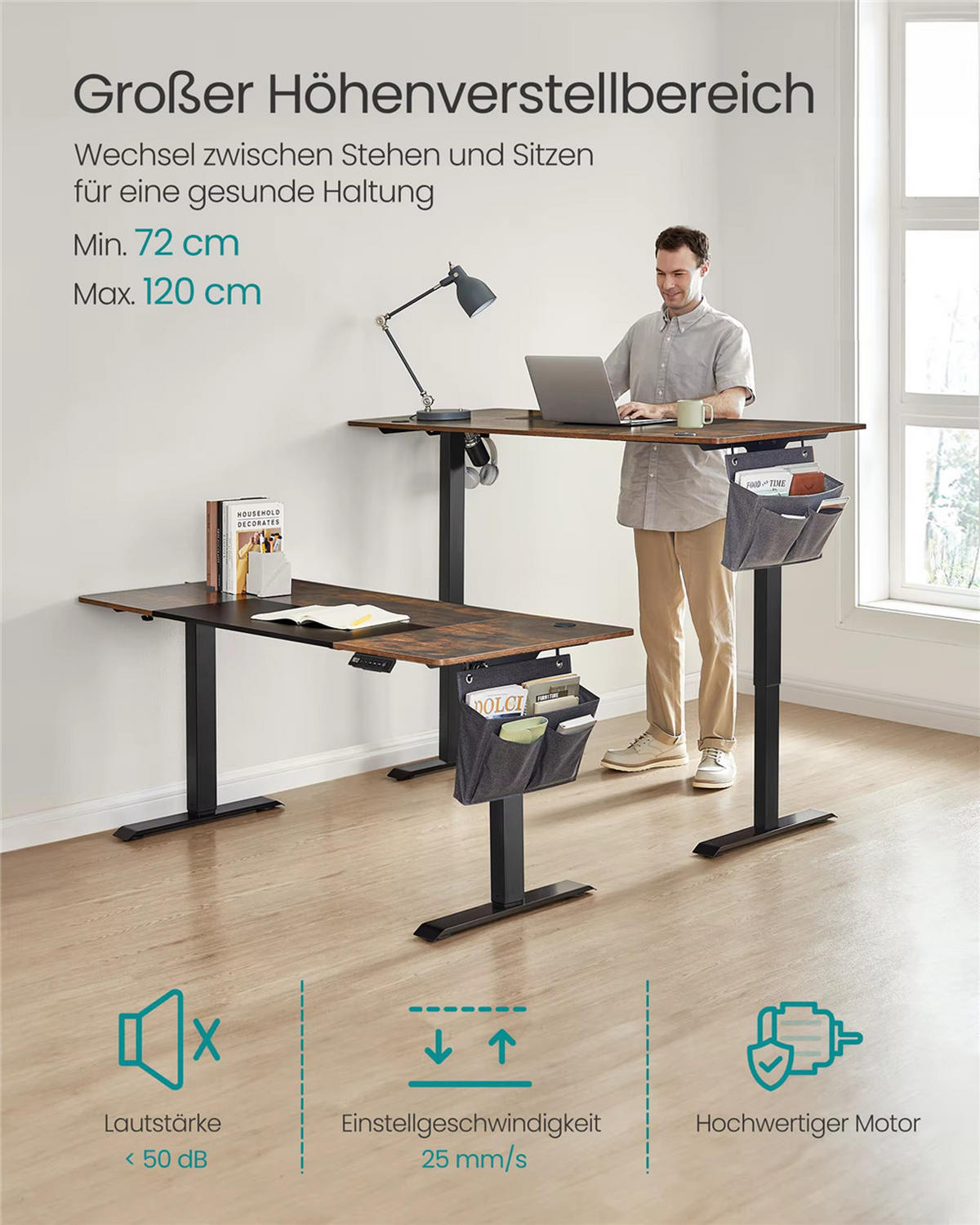 SCHREIBTISCH 160/70/72-120 cm elektrisch höhenverstellbar Tisch - Braun, Holz (160/70/72cm) - Kaket