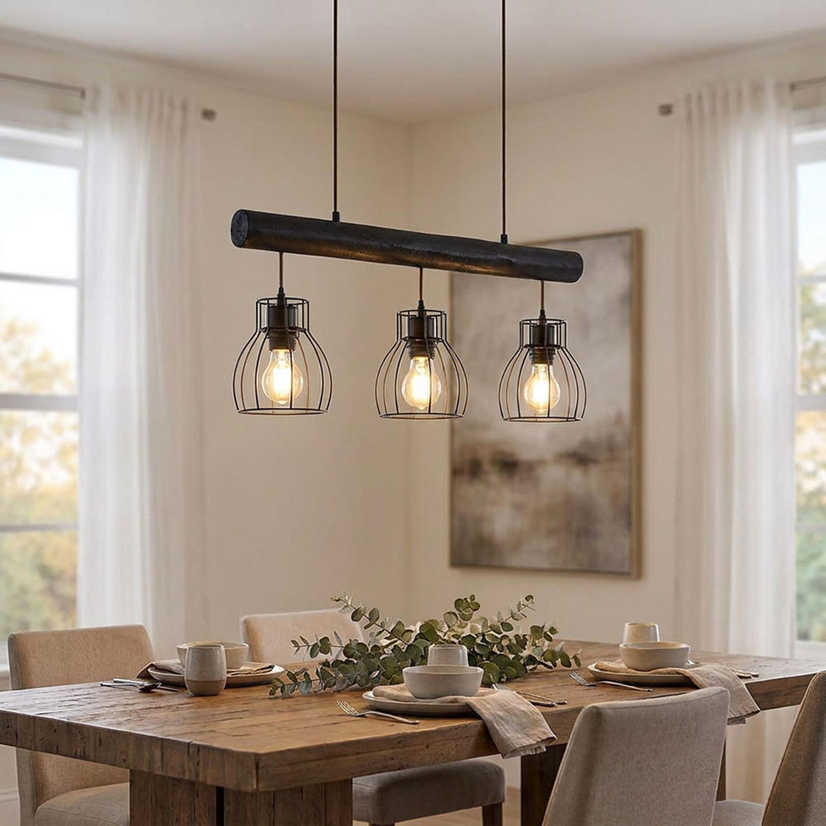 HÄNGELEUCHTE Holz Schwarz Metallgitter - Schwarz, Holz (60/13.6/140cm) - Globo Lighting