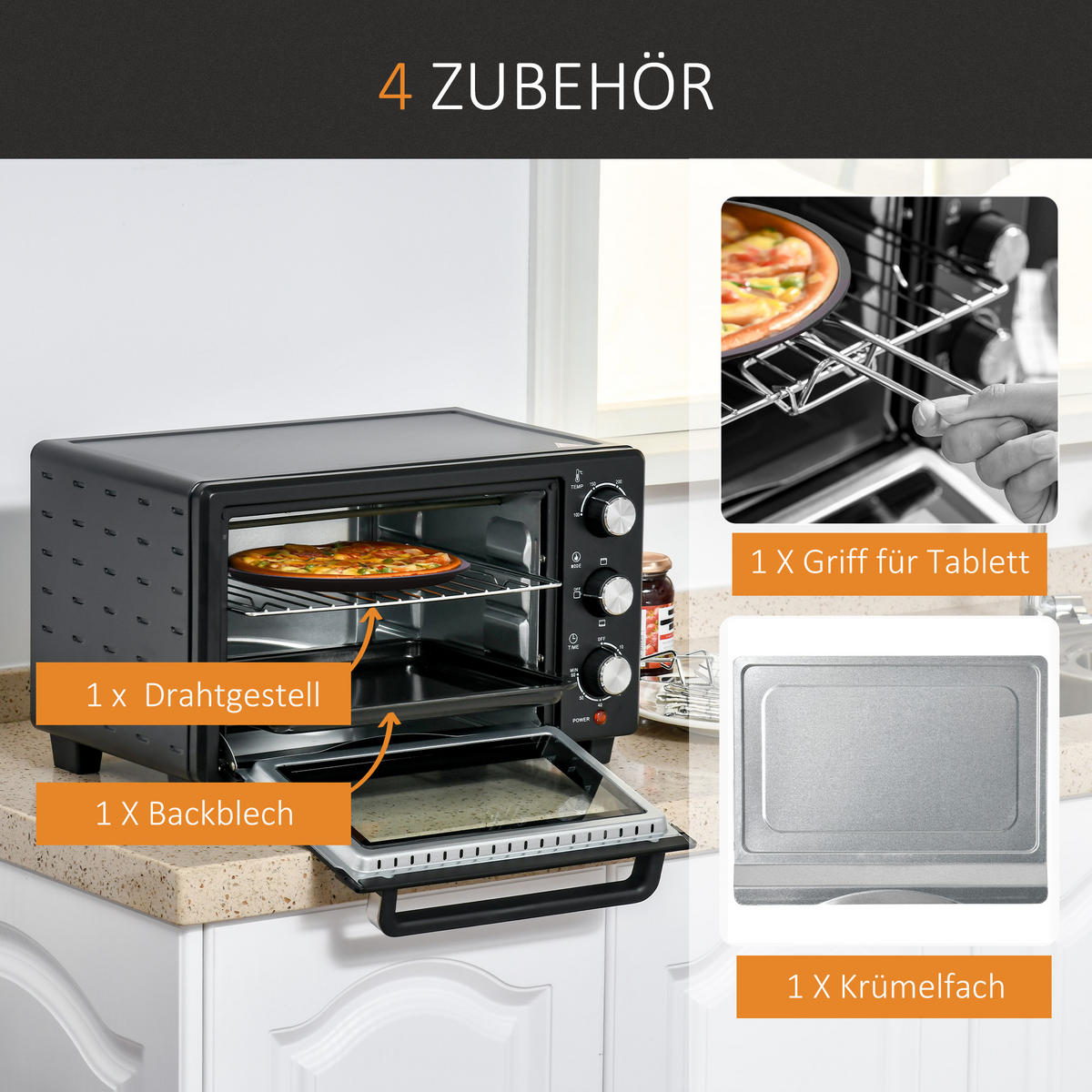 MINIBACKOFEN 21L 1400W mit 3 Kochmodi, Temperatur 100-230°C, Edelstahl Mini Ofen mit Glasfront, Schwarz Silber - Schwarz, Metall (46/29/38.5cm) - Beaface
