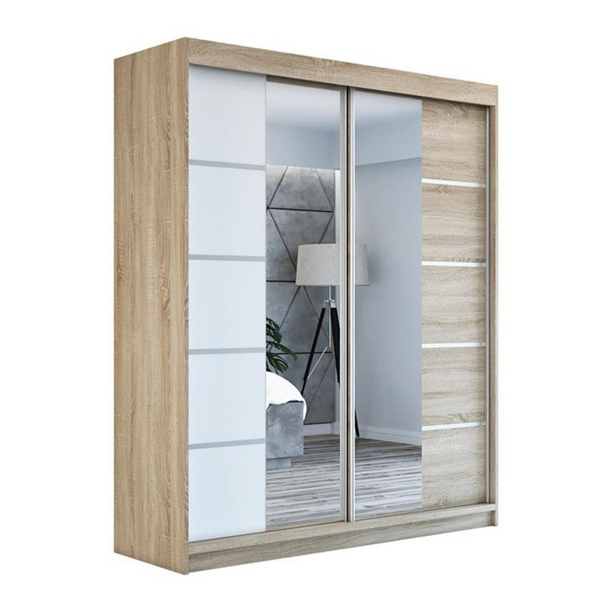 SCHWEBETÜRENSCHRANK 180 CM KRINO Farbe: Sonoma / weiß / sonoma - Braun/Weiß, Holzwerkstoff (180/215/59.5cm) - A&J MöbelLand