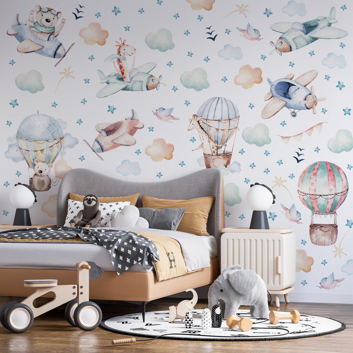 WANDAUFKLEBER SET Wilde Tiere Wolken Flugzeuge Luftballons 60x30 - Beige/Rosa, Papier (60/30/1cm) - Muralo