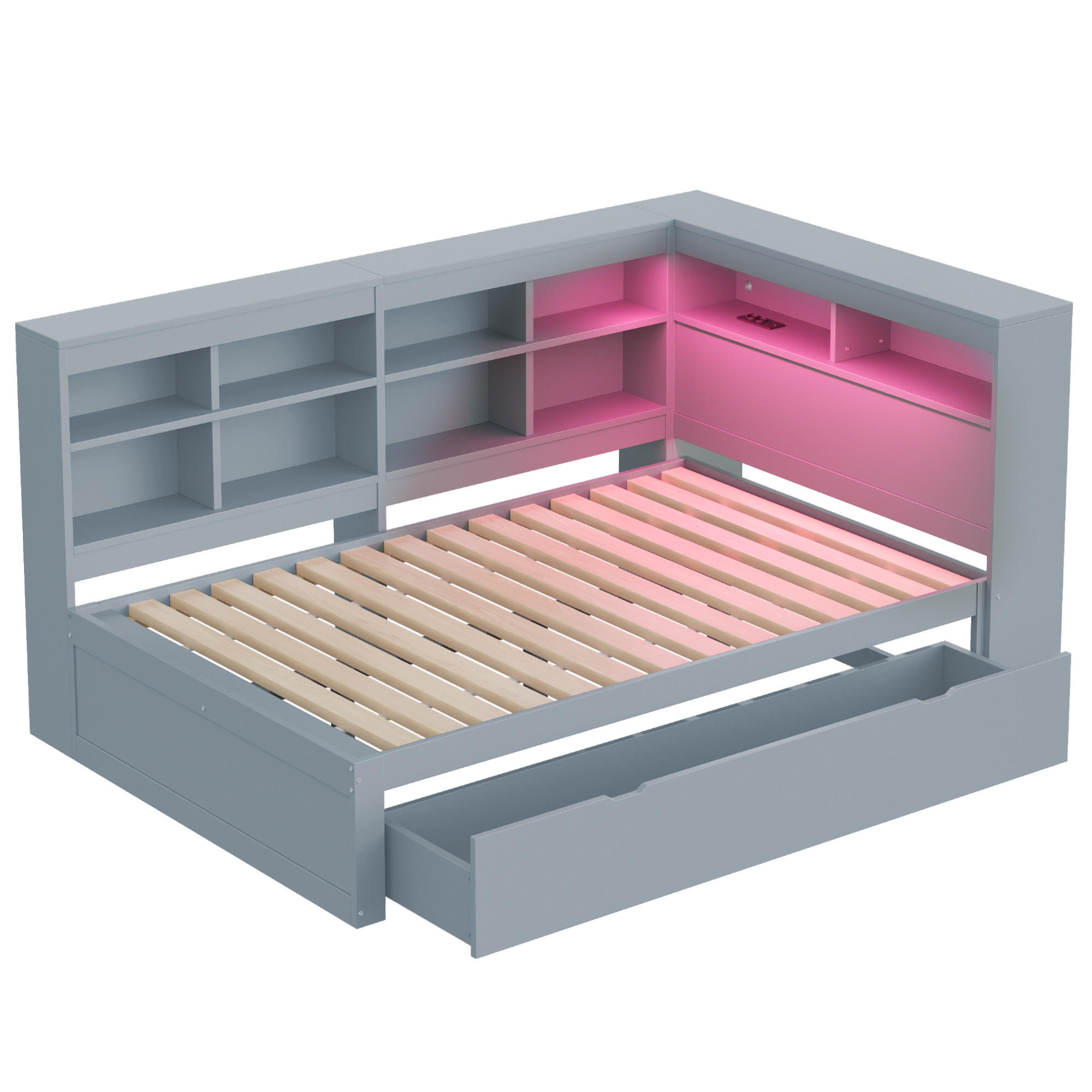 KINDERBETT 140/200 cm DE-01338, in Grau, mit USB, LED und 2 Schubladen - Grau, Holz (140/200cm) - ComfortXL