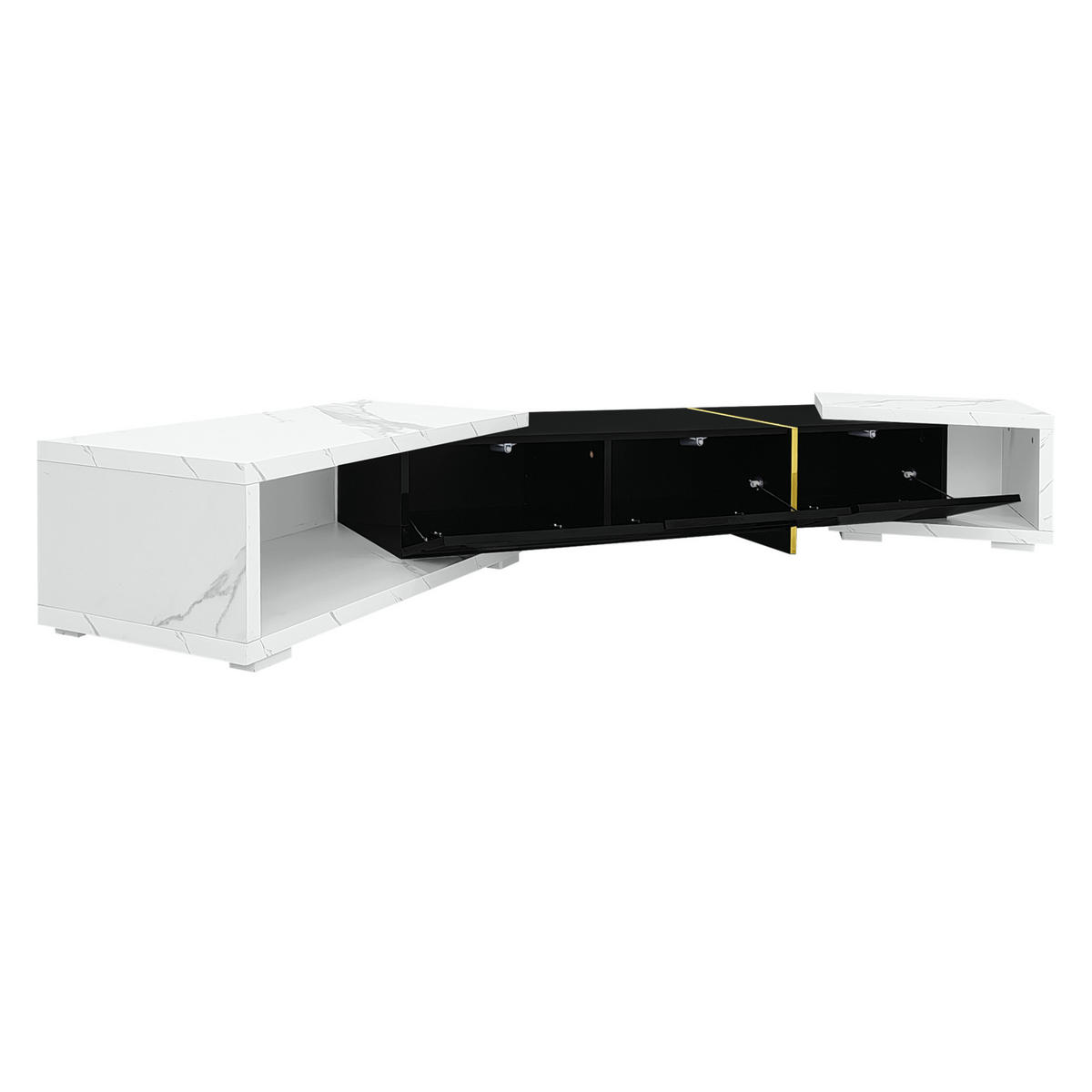 LOWBOARD 140-260 cm in Schwarz und Weißer Marmoroptik, drehbar mit Stauraum - Schwarz, Holzwerkstoff (260/30/40cm) - Flora Grace