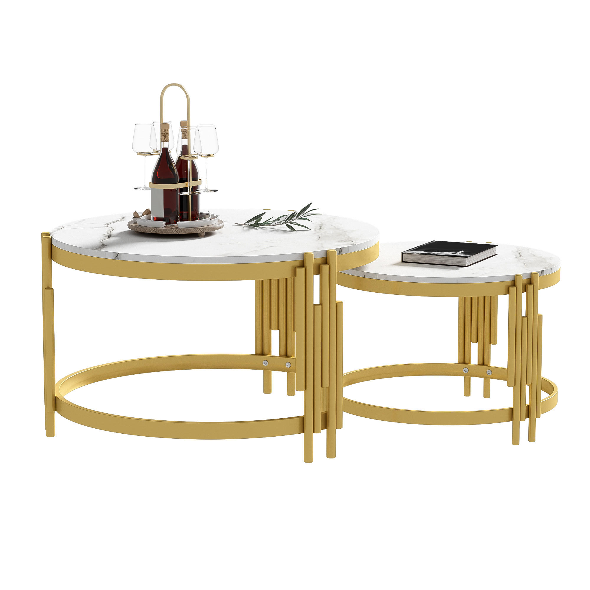 COUCHTISCH-SET in Weiß und Gold mit Marmoroptik und Metallrahmen für Wohnzimmer, B71,5/T71,5/H44 cm - Goldfarben/Weiß, Holzwerkstoff/Metall (71.5/71.5/44cm) - STILVORA