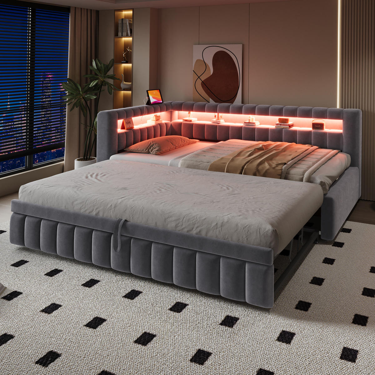 SCHLAFSOFA 90/200 cm & 90/190 cm in Dunkelgrau Samt mit Ausziehbett, LED und USB - Grau, Holzwerkstoff/Textil (90/200cm) - WISHDOR