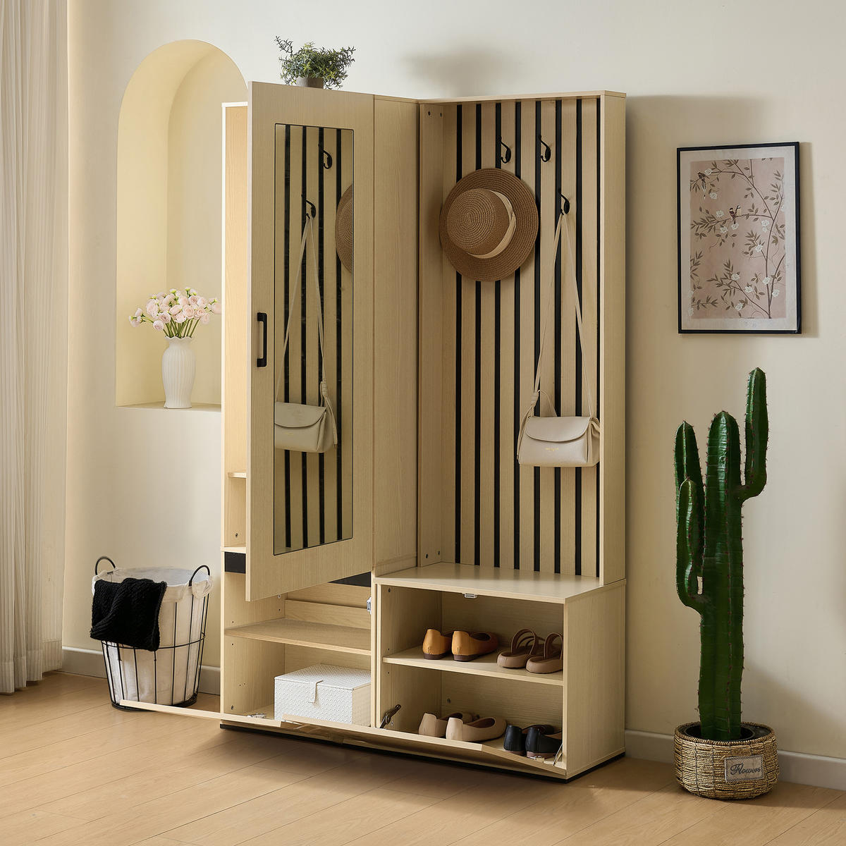 GARDEROBE-SET Spiegel Sitzbank Schuhablage Kleiderstange 4 Haken - Naturfarben, Holzwerkstoff (595/179.5/345cm) - FLIEKS