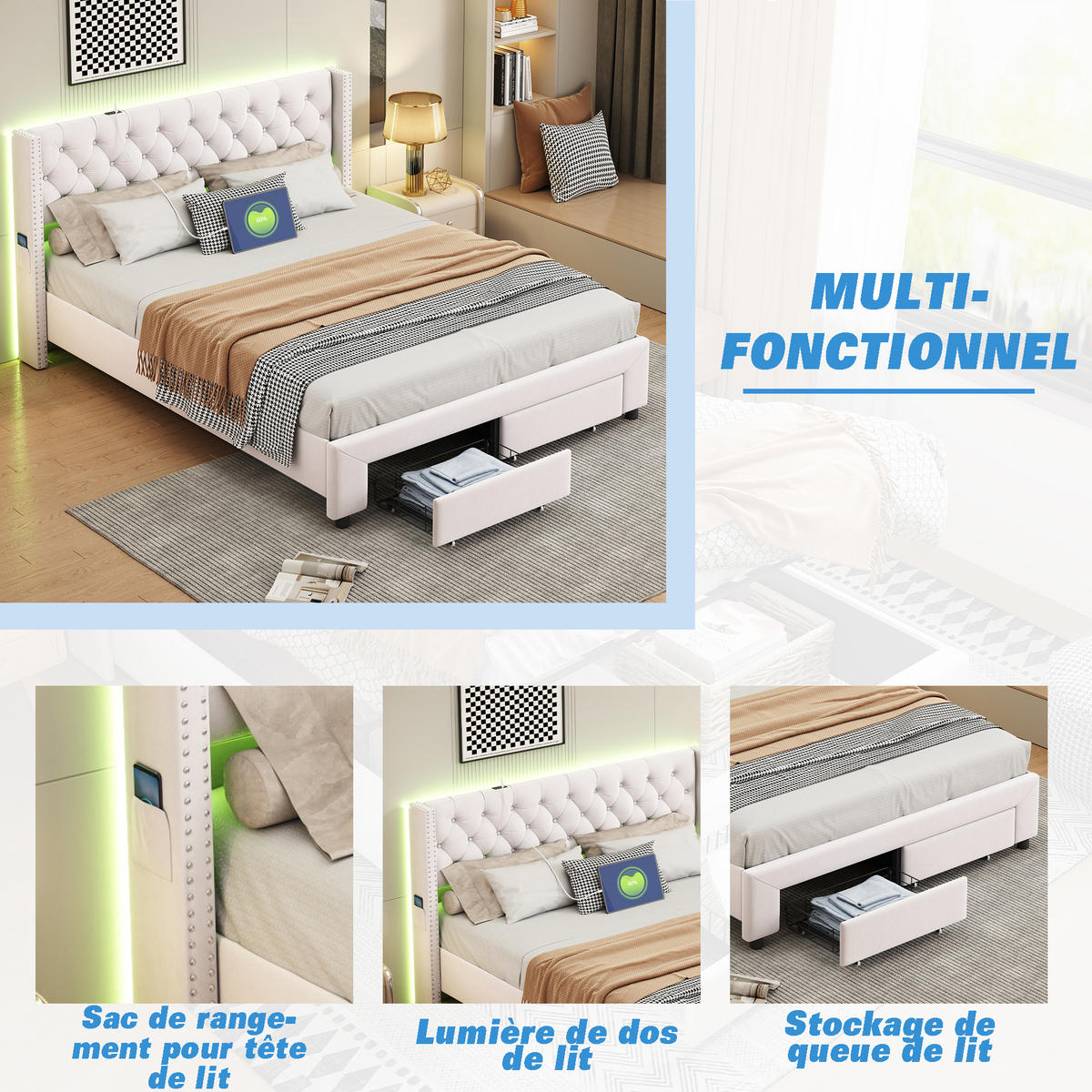 POLSTERBETT 160x200 cm, Beige, LED-Beleuchtung und USB, Samt - Beige, Textil/Metall (160/200cm)