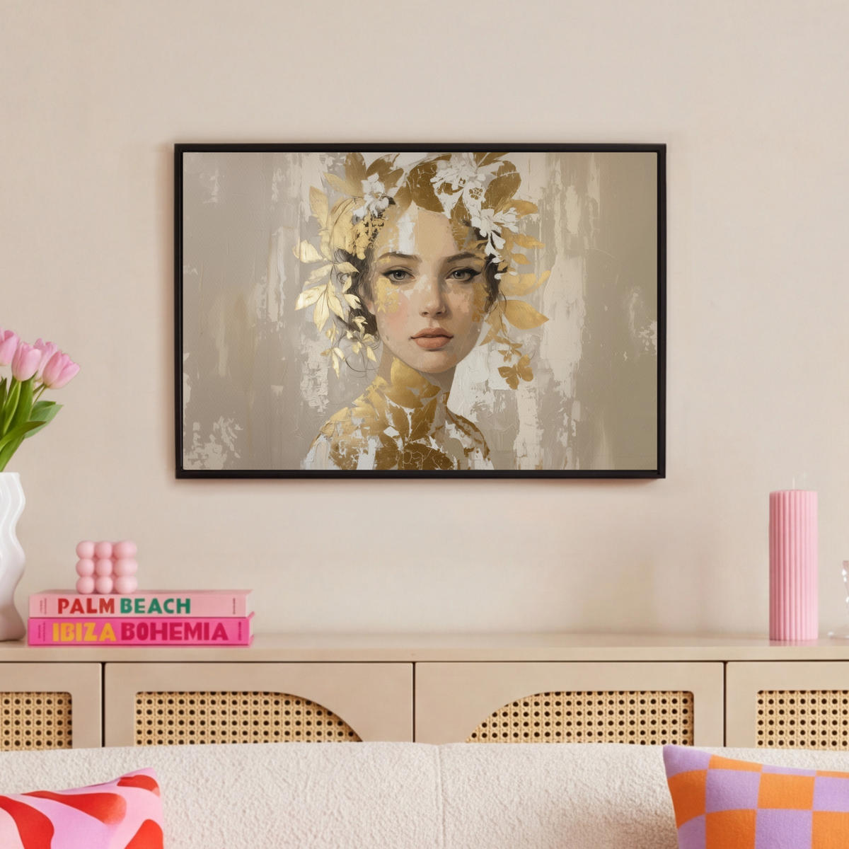 LEINWAND Bilder mit Rahmen - Gesicht - Frau - Blätter - Gold - 60x40 - Beige, Textil (60/40cm) - MuchoWow