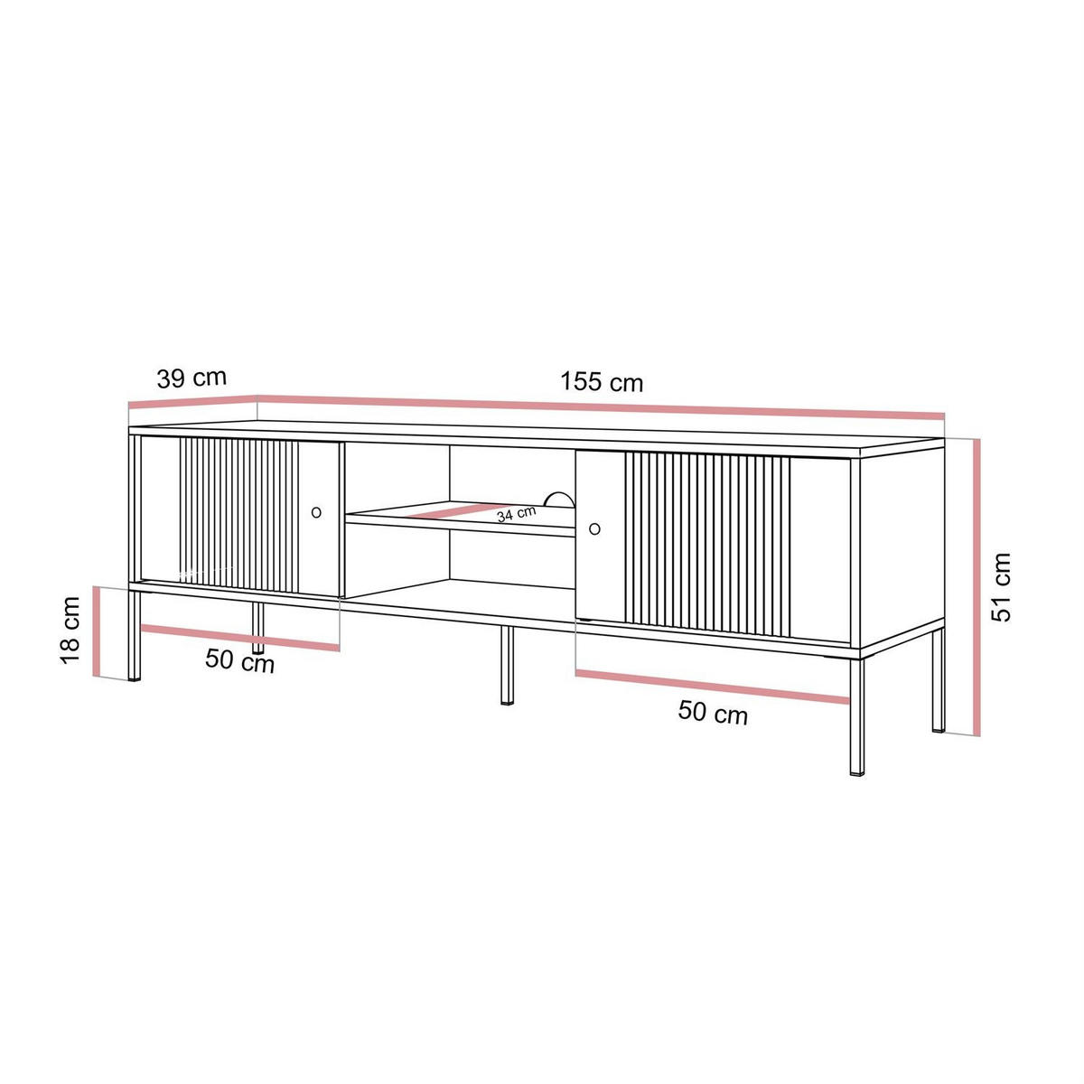 TV-UNIT VIVALDI mit geriffelten Fronten - Kaschmir, Holzwerkstoff (155/51/39cm) - Lookway