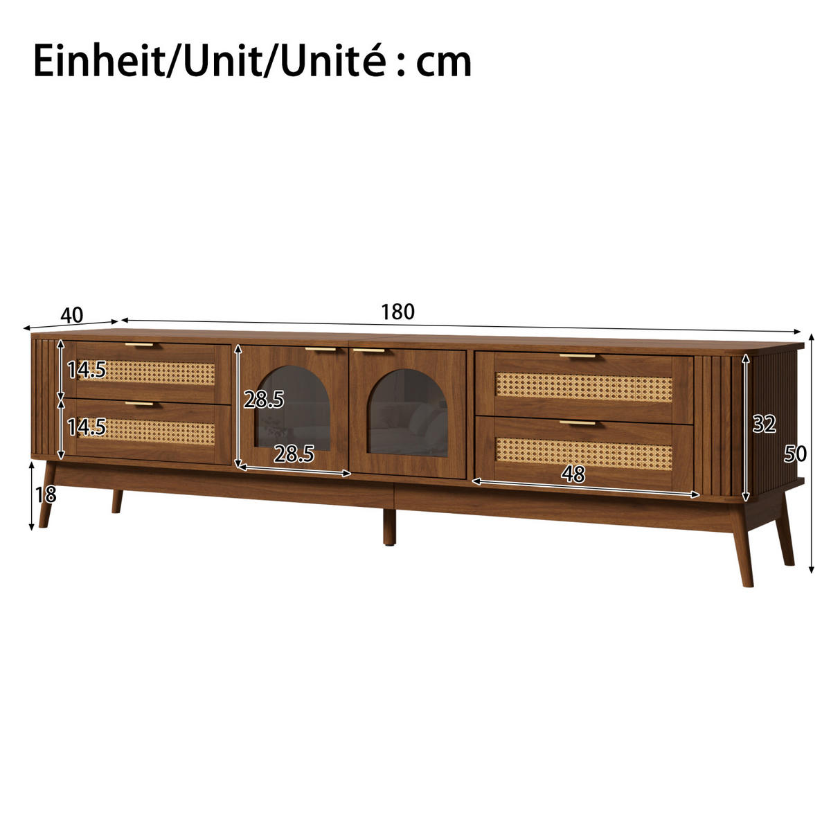 TV-LOWBOARD 180 x 40 x 50 cm, Glastüren, Schubladen, LED, modernes Design, Walnuss - Walnussfarben, Holzwerkstoff (180/50/40cm)