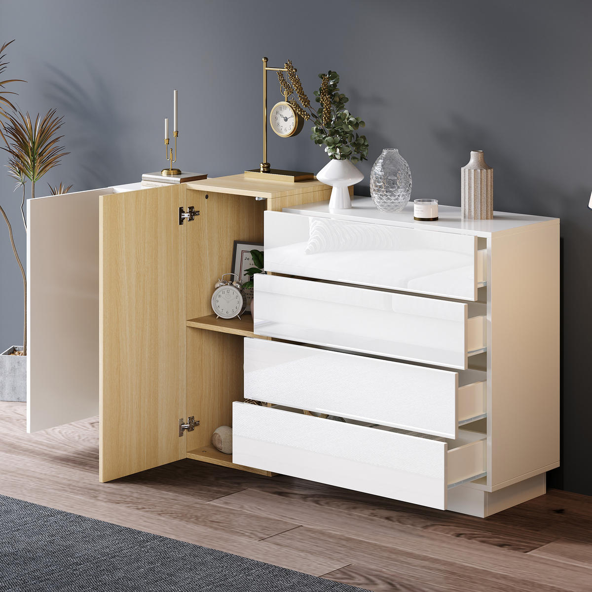 SIDEBOARD Weiß Holz Hochglanz Modern Stauraum Minimalistisch - Weiß, Holzwerkstoff (35/76.5/140cm) - FLIEKS