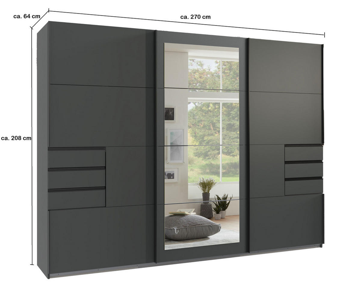SCHWEBETÜRENSCHRANK 3-türig mit Spiegel, Schubladen, Vollausstattung in Grafit, B270/H208/64 cm / 22501 - Schwarz/Graphitfarben, Holzwerkstoff/Metall (270/208/64cm) - luma-home