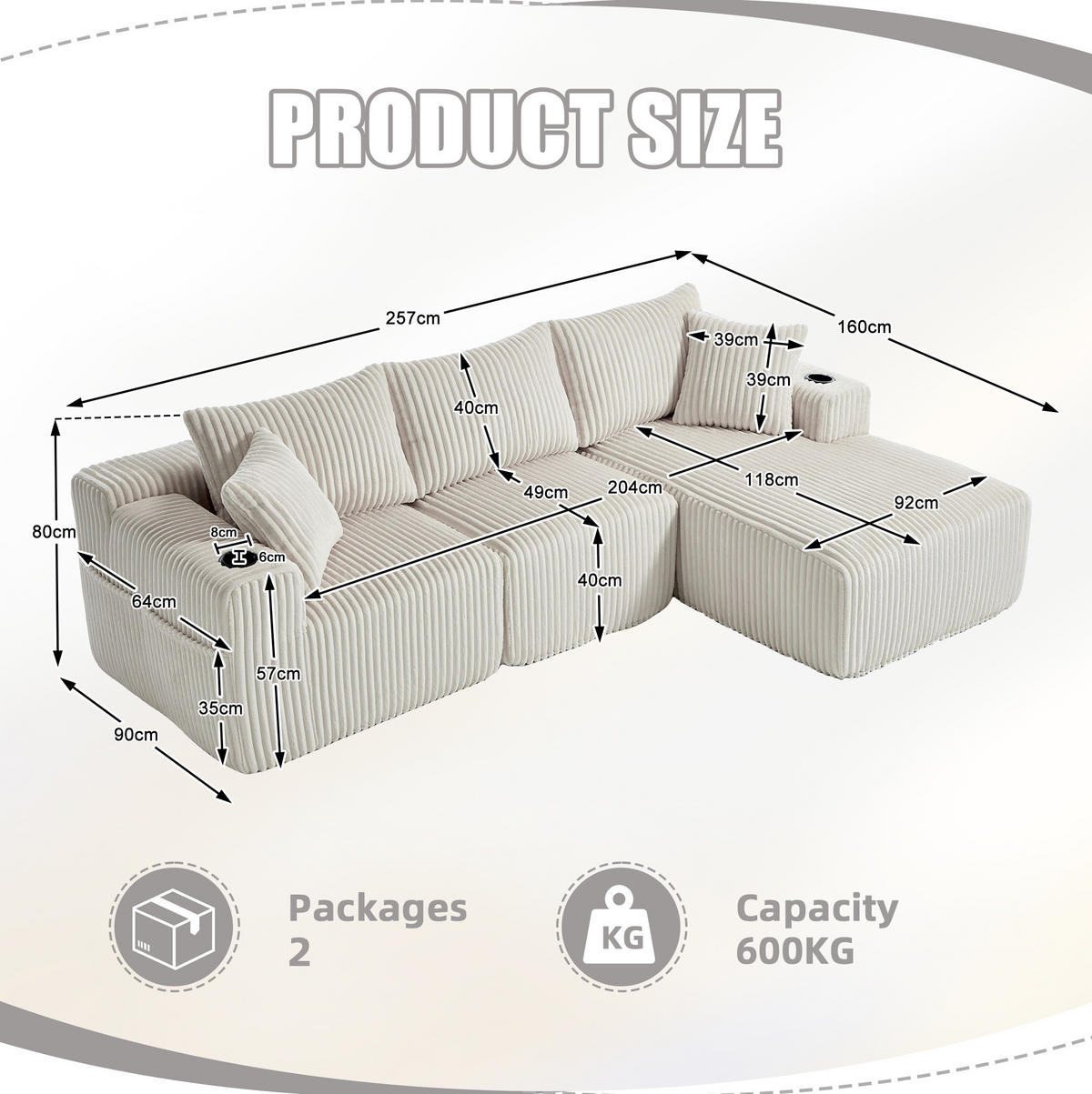 ECKSOFA 257/90/160/62 cm Beige aus Cord mit Chaiselongue - Beige, Textil (160/257cm) - OKMYHOME