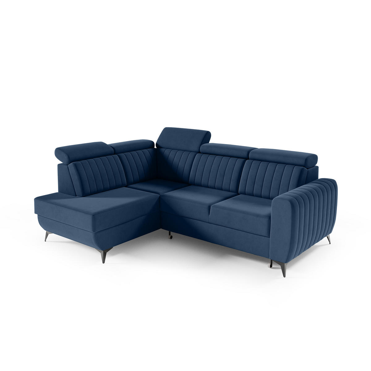 ECKSCHLAFSOFA Connor II verstellbare Kopfstützen, Dunkelblau, links - Schwarz/Dunkelblau, Textil (268/204cm) - Beautysofa