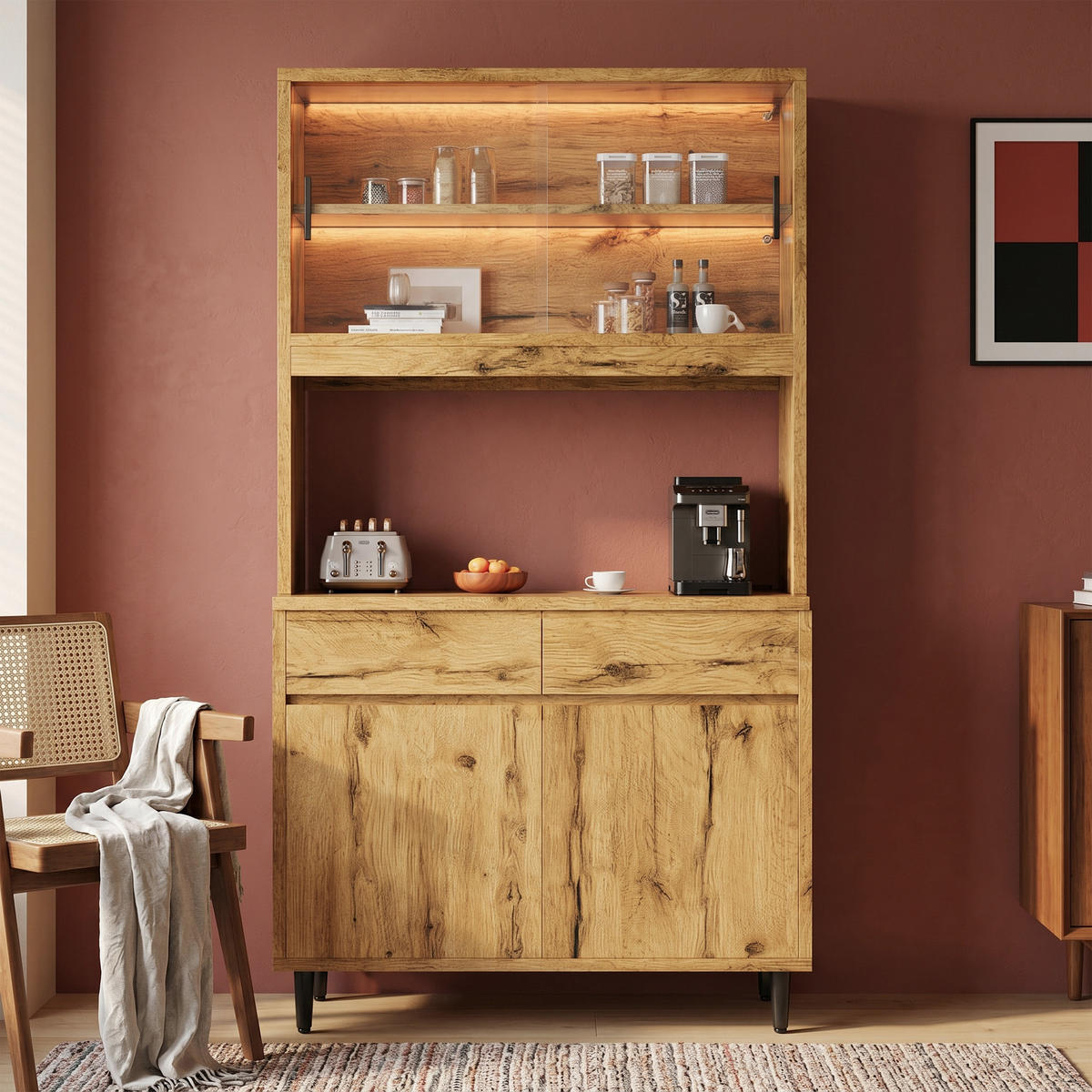 BUFFETSCHRANK 100x40x185 cm, 2 Steckdosen, USB-A/USB-C-Anschlüsse, LED-Lichtleiste, Eiche - Eichefarben, Holzwerkstoff (100/185/40cm) - FOHERE