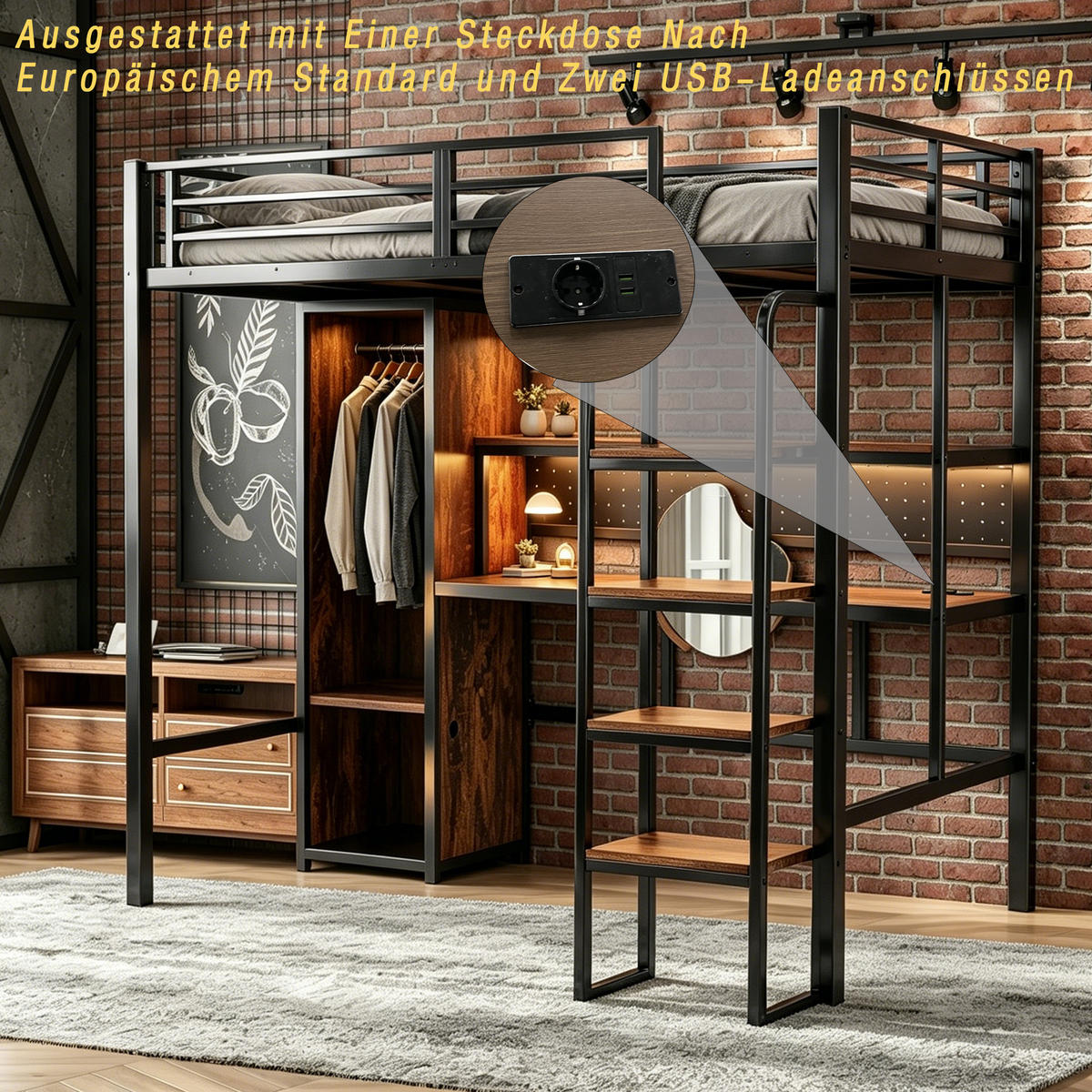 HOCHBETT 90x200cm Schreibtisch LED Regal Schwarz - Schwarz, Metall (90/200cm) - FLIEKS