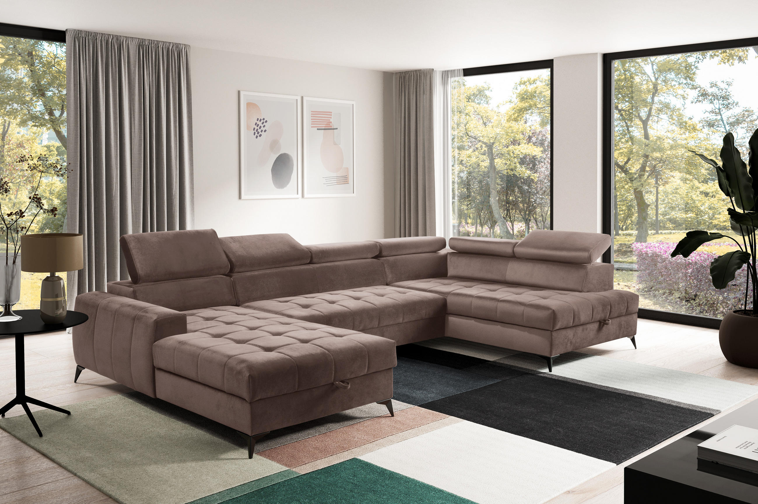 WOHNLANDSCHAFT Arkucio U Braun 345/200/95 cm – großes Sofa mit Schlaffunktion L - Schwarz/Braun, Textil/Metall (200/95/345cm) - AX Living