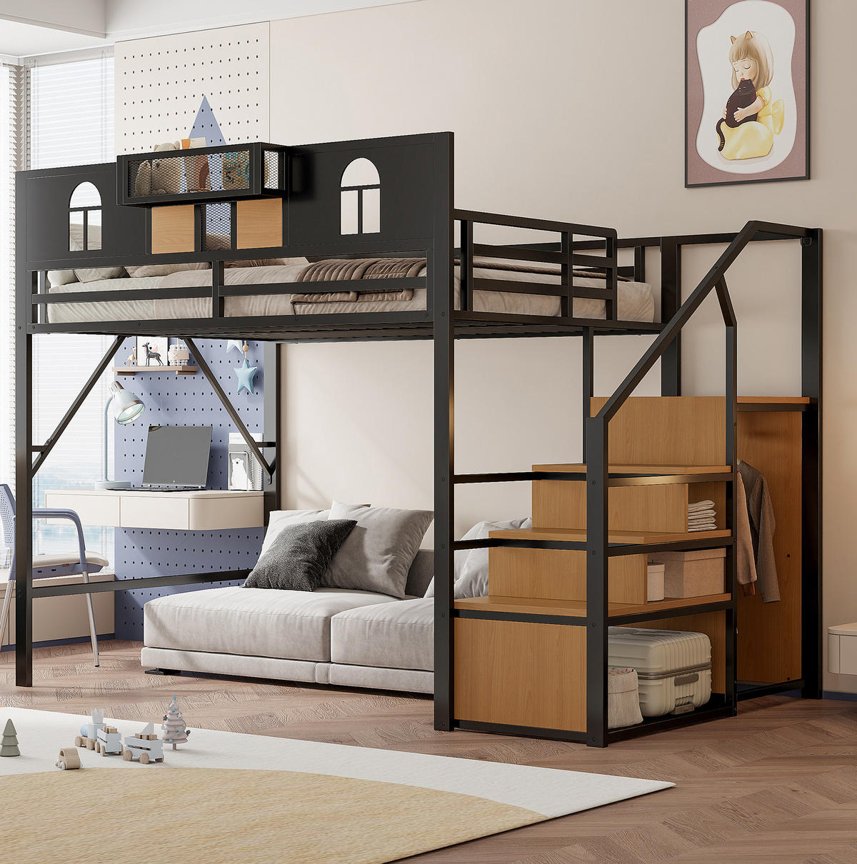 HOCHBETT 140/200 cm aus Metall in Schwarz – mit Stauraumleiter und Rausfallschutz - Schwarz, Metall (140/200cm) - BEAOK