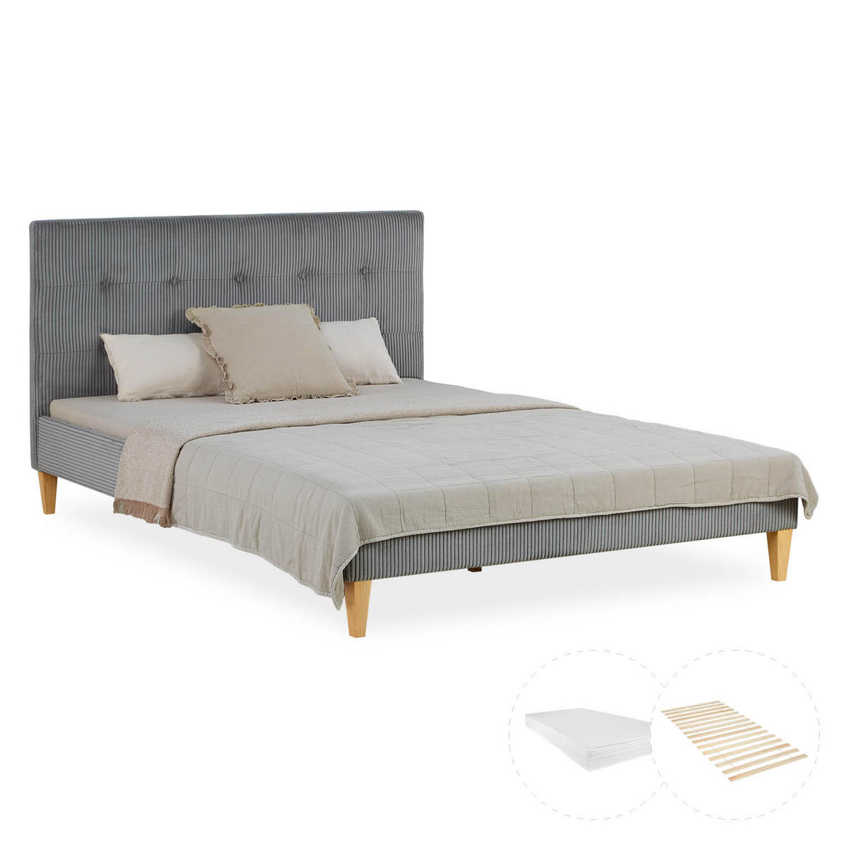POLSTERBETT in Cord mit Matratze 140/200 cm in Grau - Grau, Textil (140/200cm) - Homestyle4u