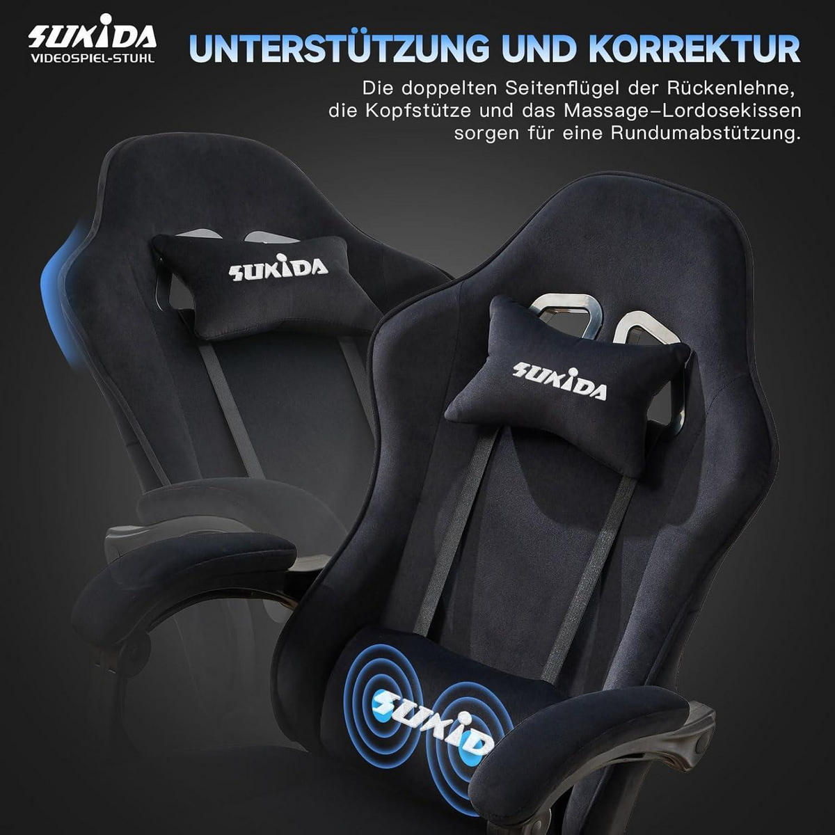 GAMING Stuhl Stoff mit Fußstütze und Lordosenstütze, schwarz - Schwarz, Textil (57/45/52cm)