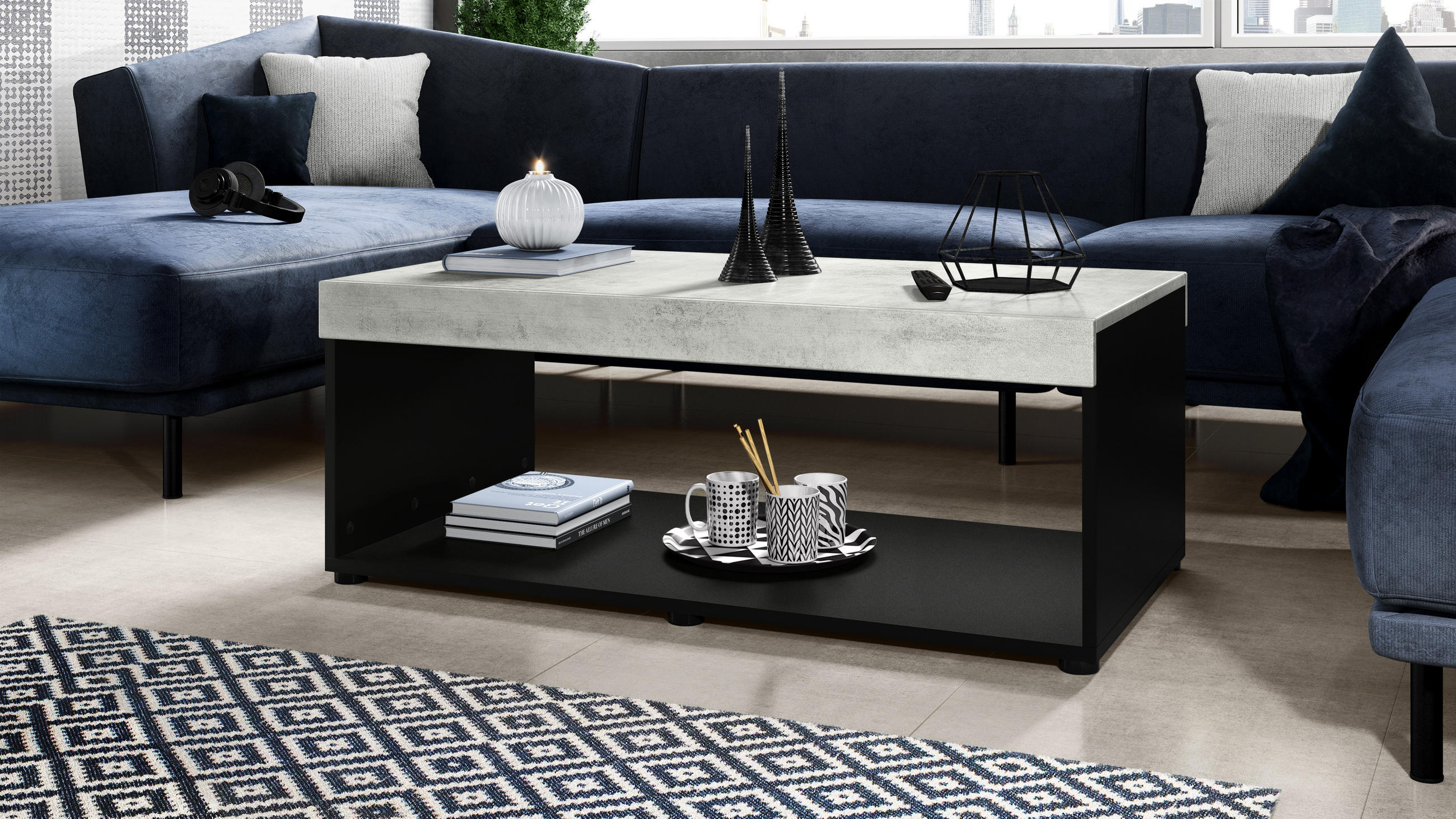 COUCHTISCH Pure Tischplatte und Blenden in Beton Oxid Optik - Hellgrau, Holzwerkstoff (58/104/40.5cm) - Vladon