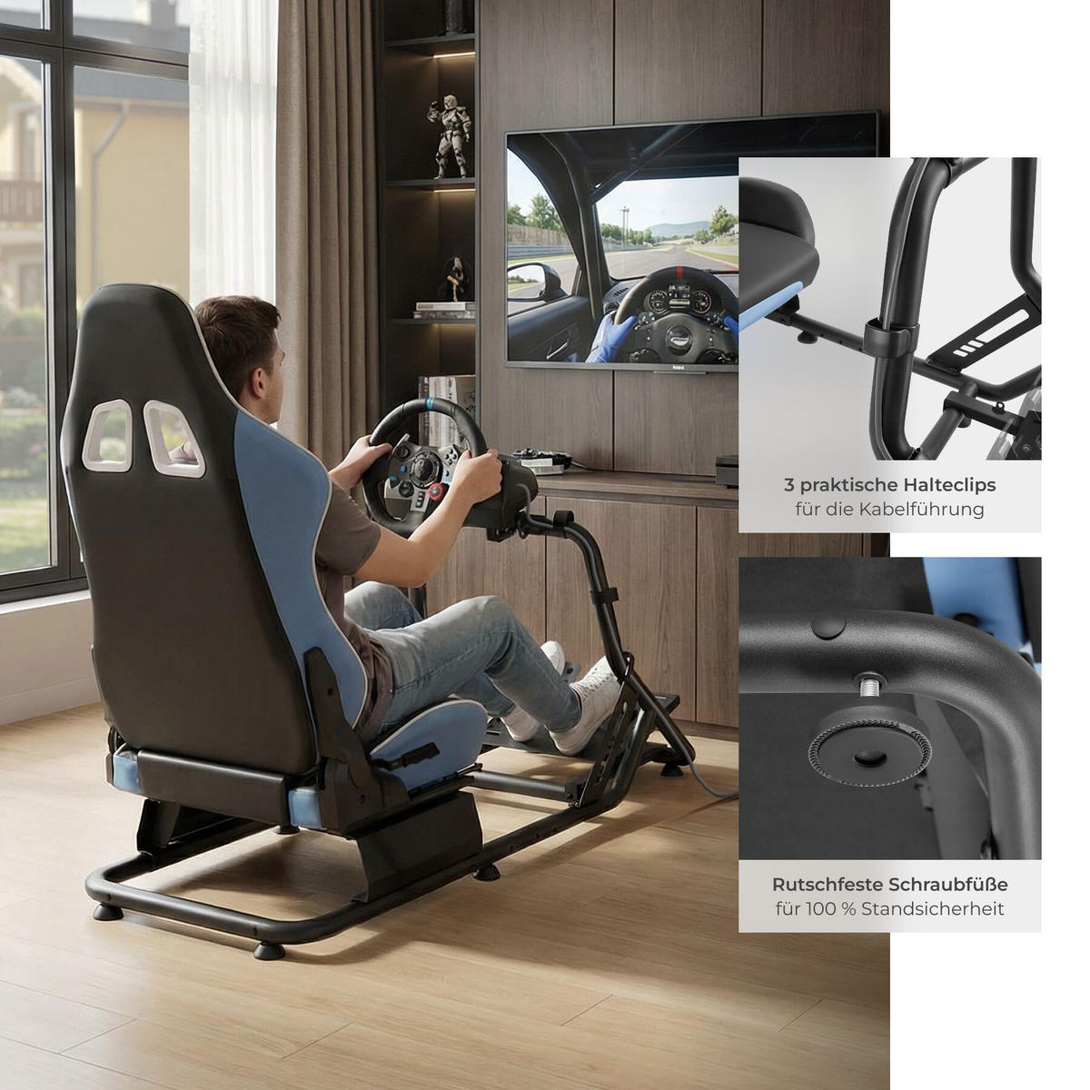 GAMINGSTUHL Play Racing-Cockpit, GT-Style, Logitech/Fanatec kompatibel, schwarz/azurblau,57 x 144 x 108,5 cm - Schwarz/Hellblau, Metall (57/62/220cm) - tectake