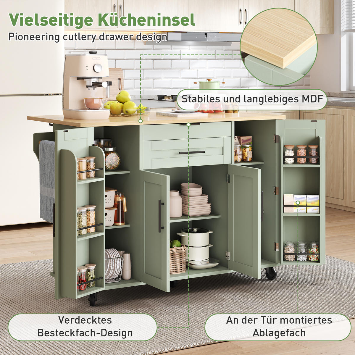 KÜCHENINSEL 136/70/92 cm Antikgrün mit 2 Schubladen, verstellbare Einlegeböden, Gewürzregal und Handtuchhalter - Salbeigrün, Holz/Holzwerkstoff (70/92/136cm) - Oxeza